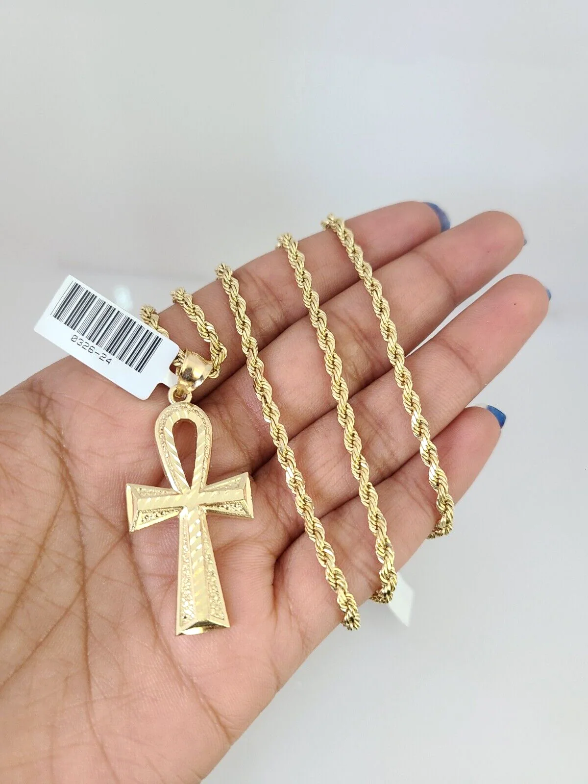 REAL 10k Solid Rope Chain Ankh Cross Charm Pendant 3mm Set 18"-26" in Necklace - Image 3