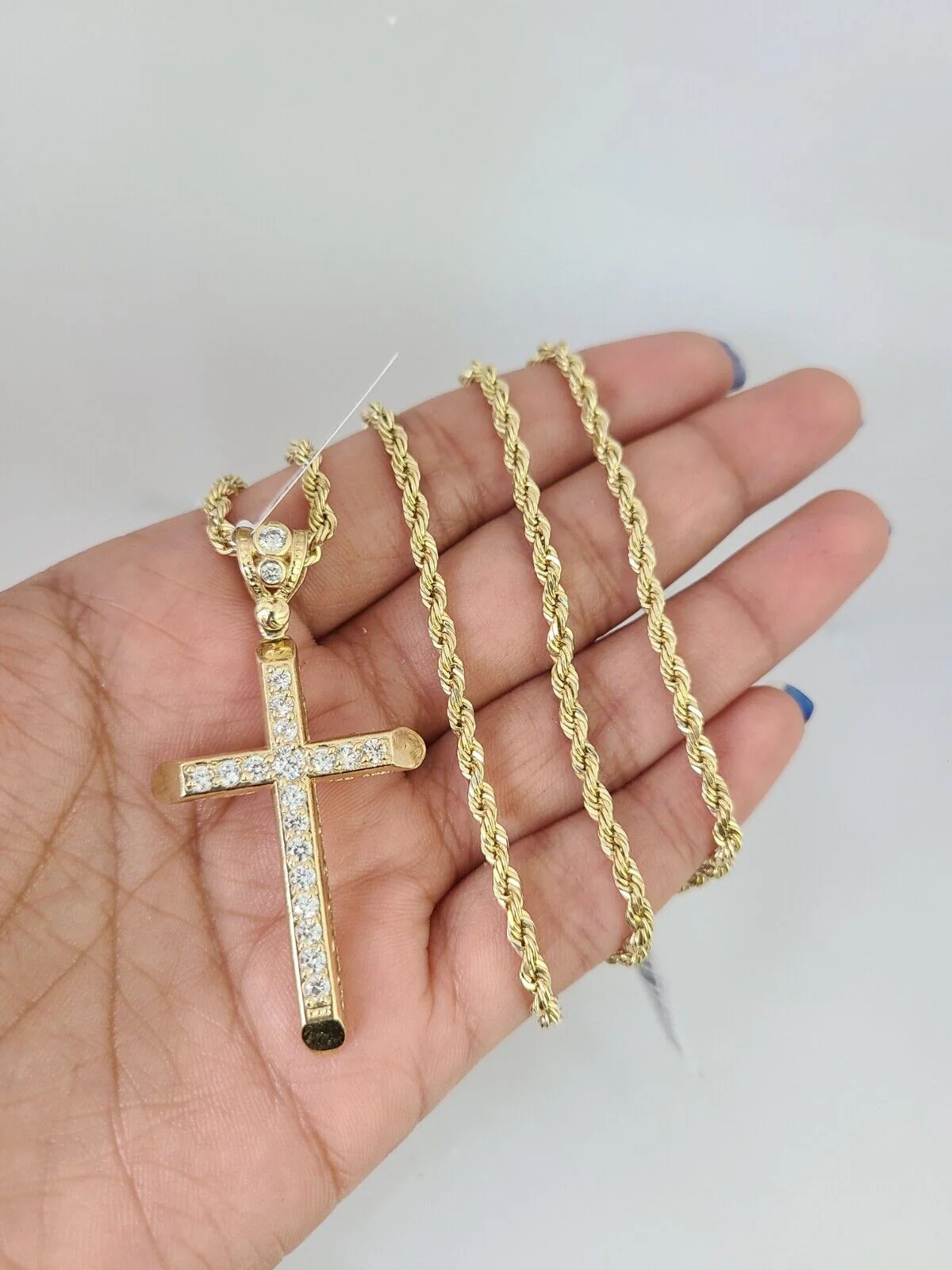 REAL 10k Solid Rope Chain Cross Charm Pendant 3mm Necklace Set 18"-26" inches - Image 2