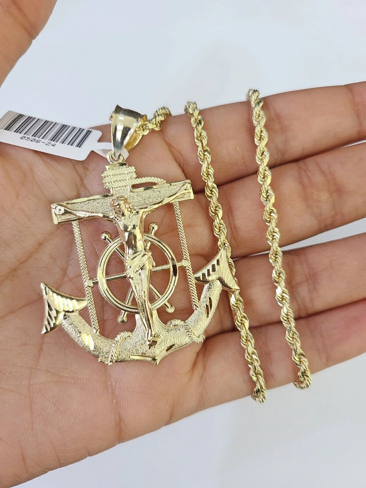Real 10k Solid Rope Chain Jesus Anchor Charm Set 3mm 20"-30" Inch Necklace Gold - Image 2