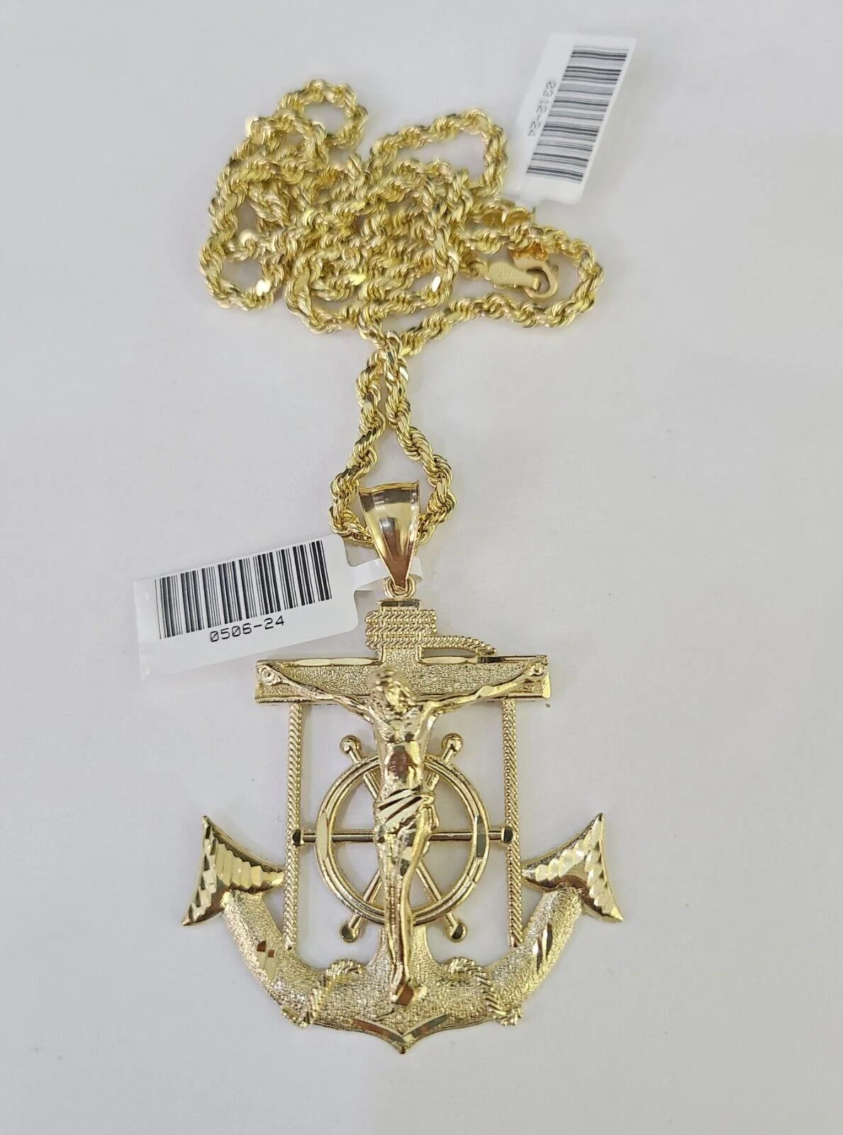 Real 10k Solid Rope Chain Jesus Anchor Charm Set 3mm 20"-30" Inch Necklace Gold - Image 3