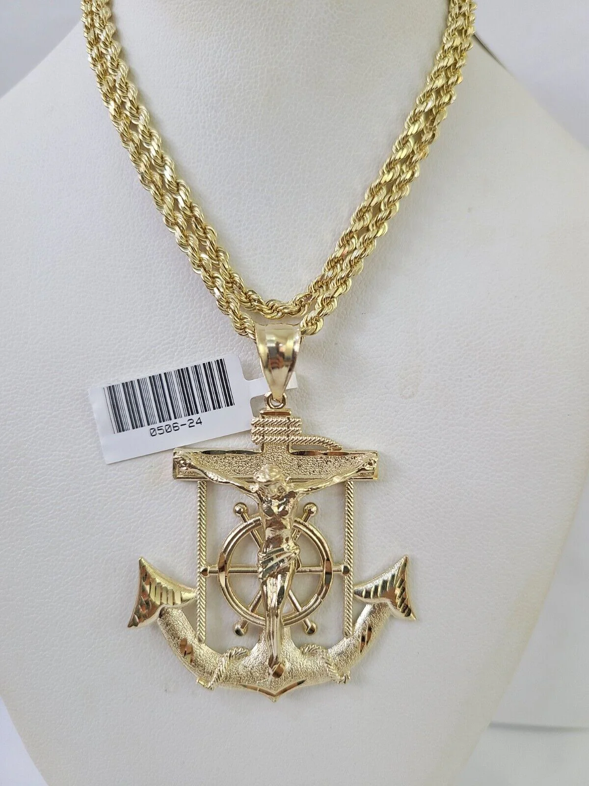 Real 10k Solid Rope Chain Jesus Anchor Charm Set 3mm 20"-30" Inch Necklace Gold - Image 5
