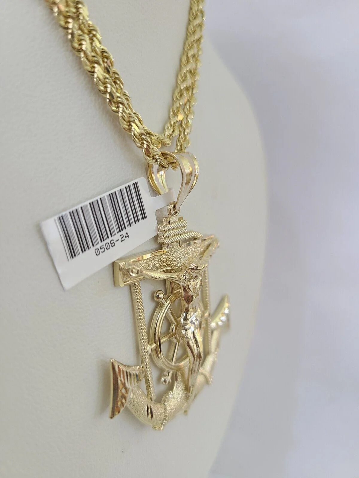 Real 10k Solid Rope Chain Jesus Anchor Charm Set 3mm 20"-30" Inch Necklace Gold - Image 6