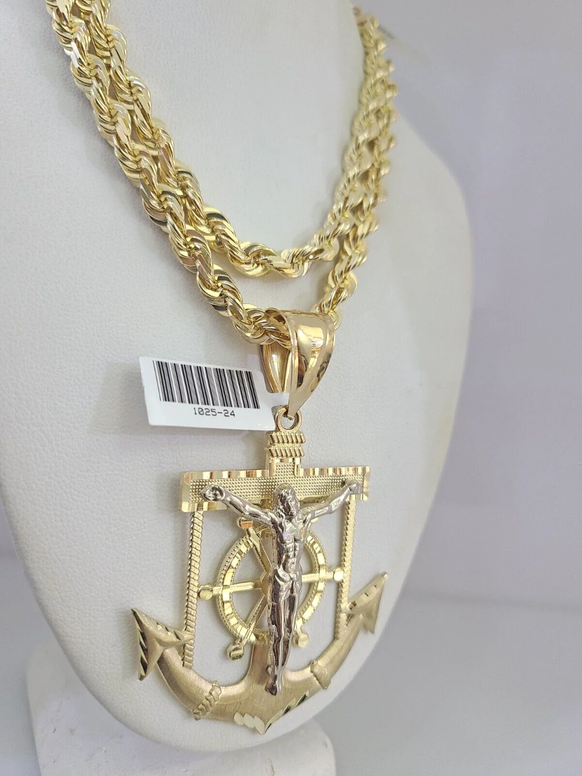 Real 10k Solid Rope Chain Jesus Anchor Charm Set 6mm 20"-30" Necklace Gold