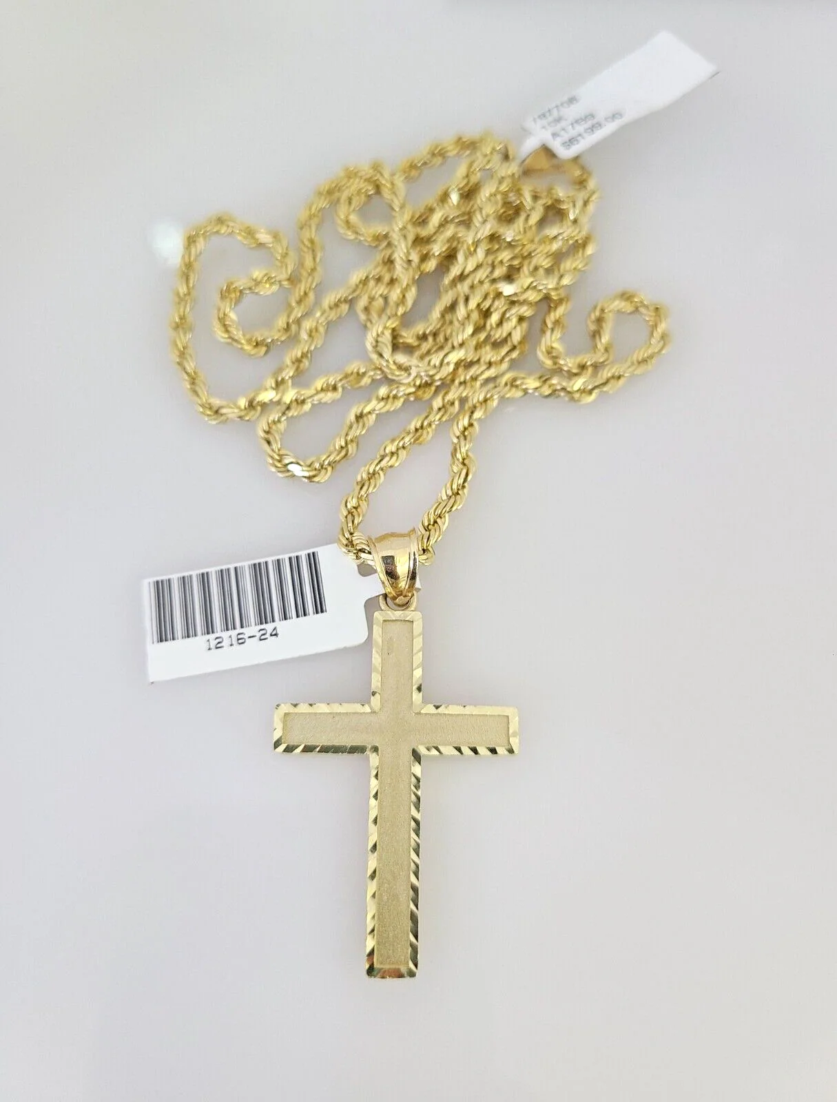REAL 10k Solid Rope Chain Jesus Cross Charm Pendant 3mm Set 18"-26" in Necklace - Image 2