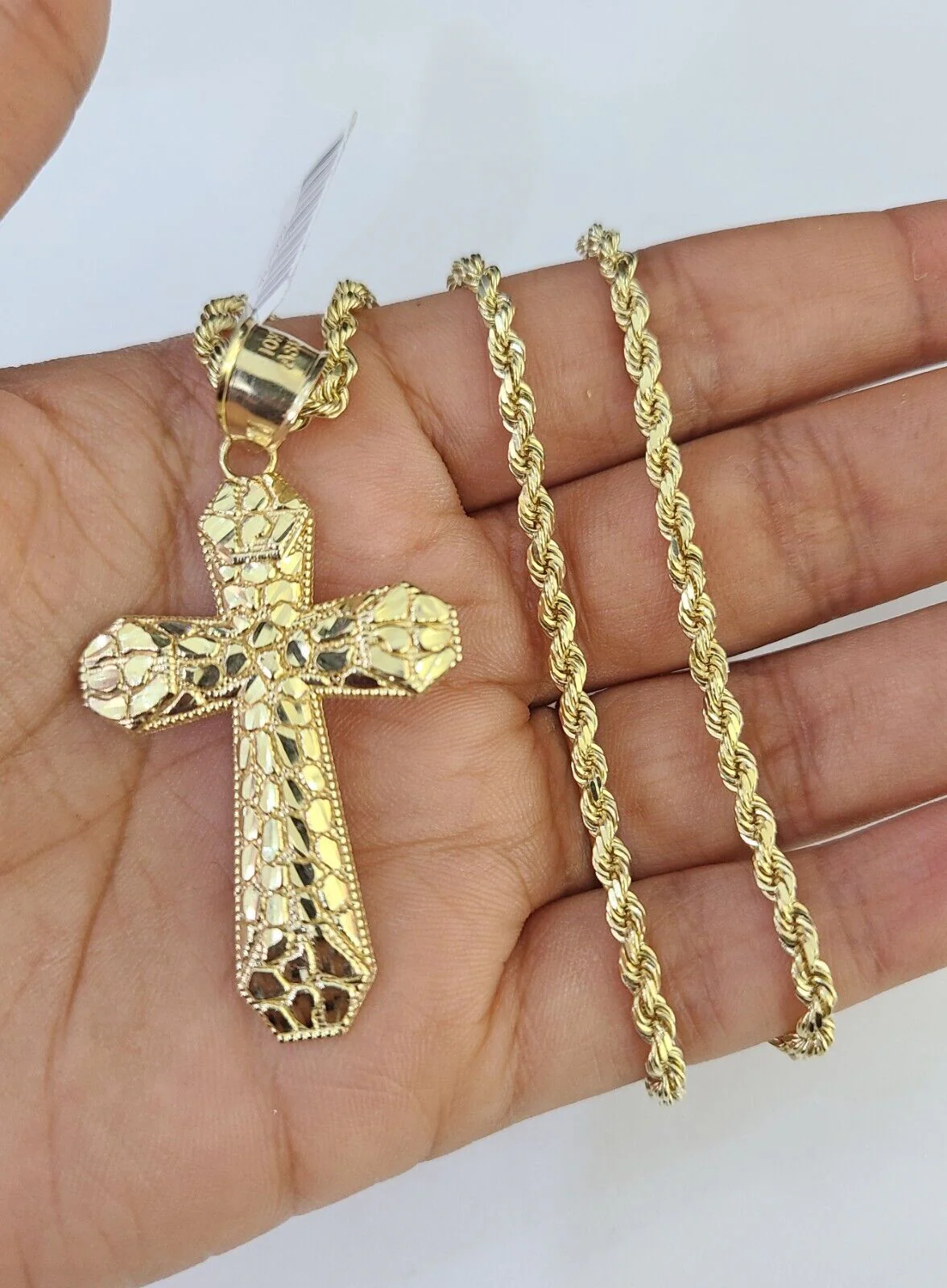 Real 10k Solid Rope Chain Jesus Cross Charm Set 3mm 20"-30" Inch Necklace Gold - Image 2