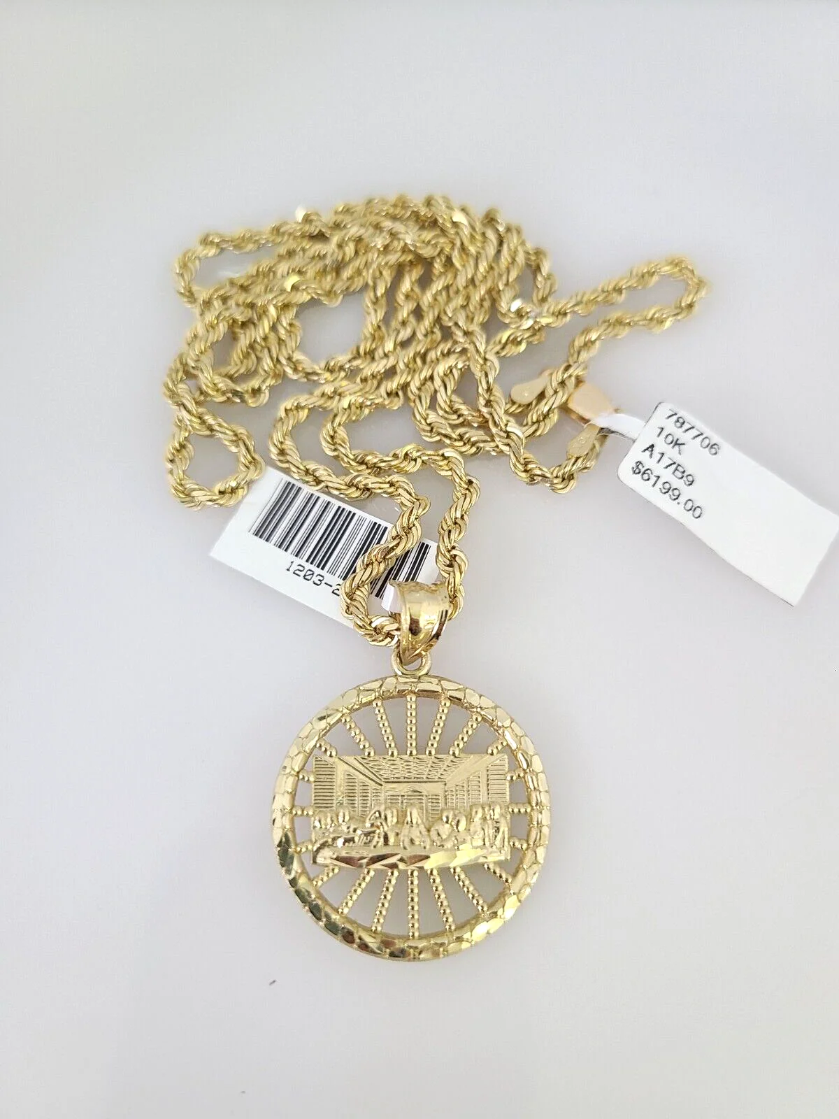 REAL 10k Solid Rope Chain Last Supper Charm Pendant 3mm Necklace Set 18"-26" in - Image 2