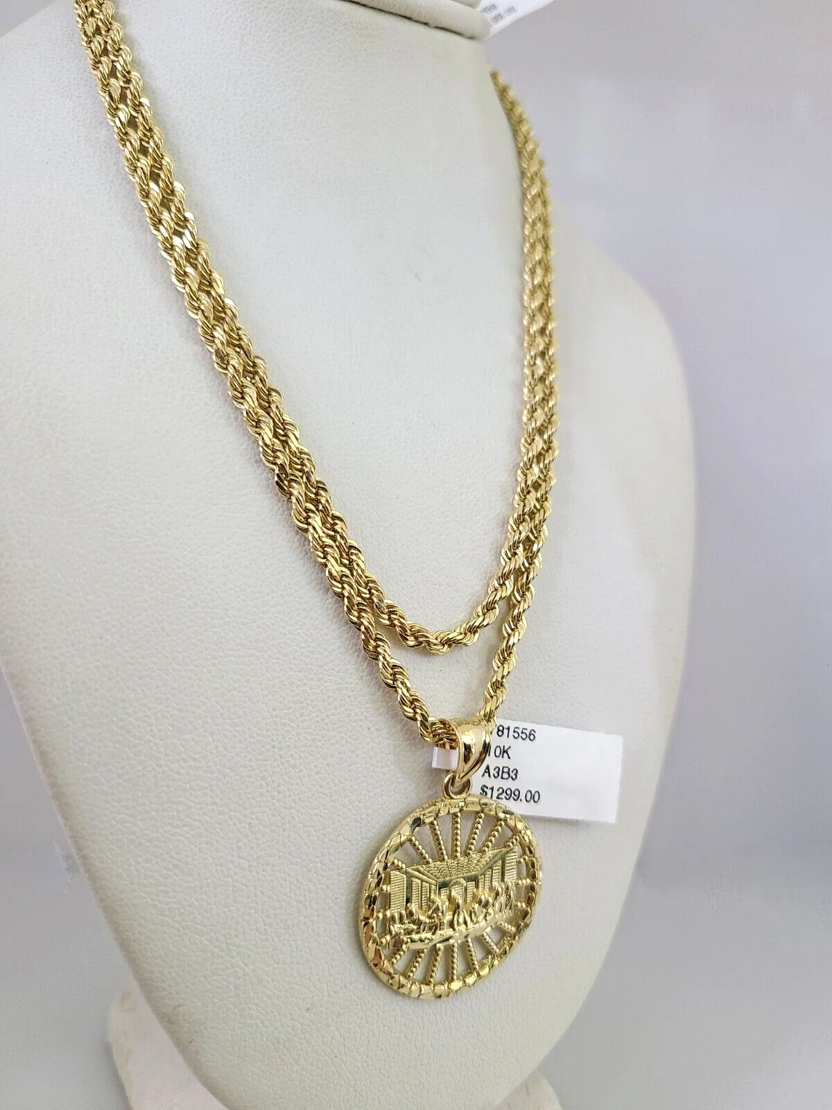 REAL 10k Solid Rope Chain Last Supper Charm Pendant 3mm Necklace Set 18"-26" in - Image 3