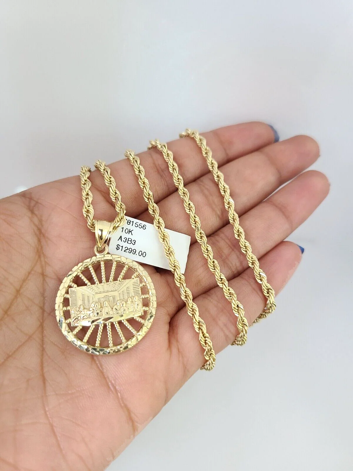 REAL 10k Solid Rope Chain Last Supper Charm Pendant 3mm Necklace Set 18"-26" in - Image 4