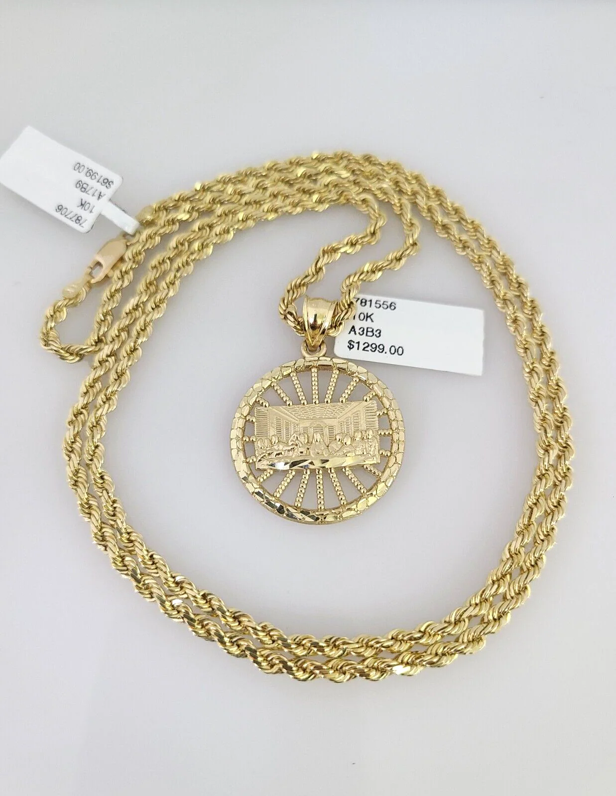 REAL 10k Solid Rope Chain Last Supper Charm Pendant 3mm Necklace Set 18"-26" in - Image 5