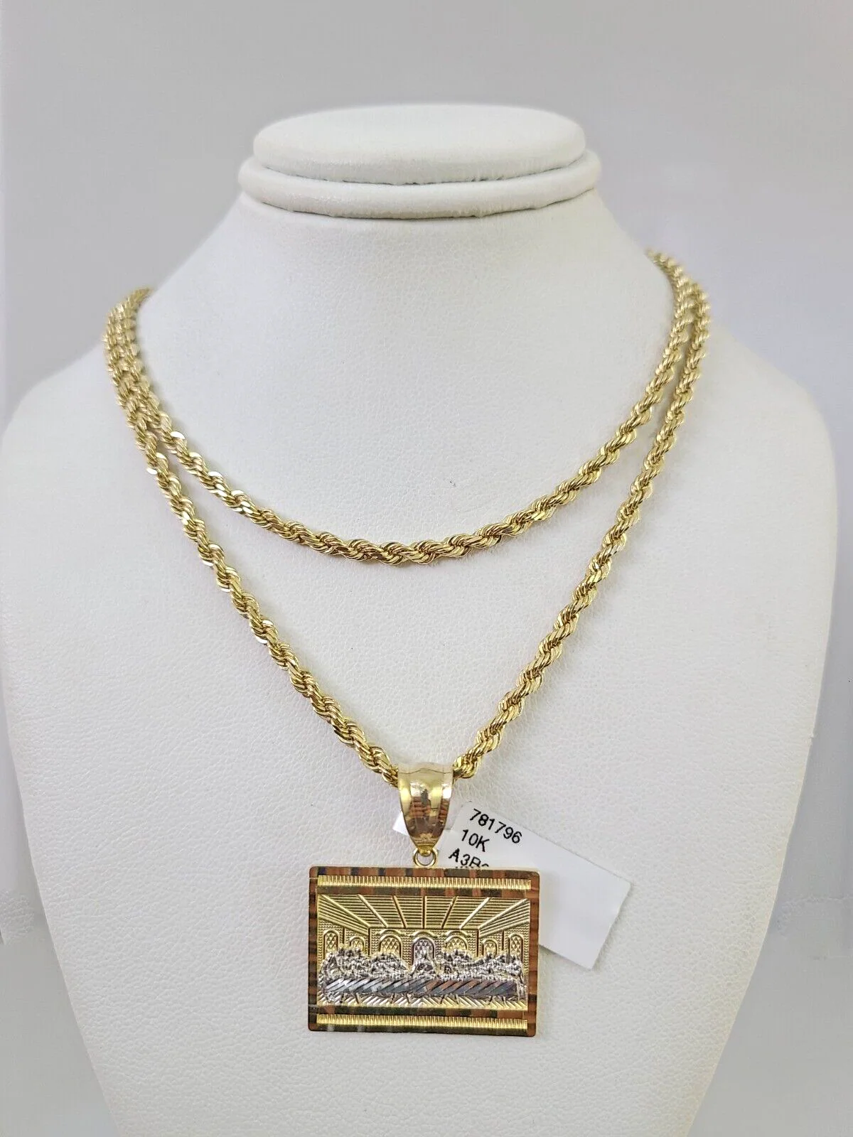 REAL 10k Solid Rope Chain Last Supper Charm Pendant 3mm Necklace Set 18"-26" in