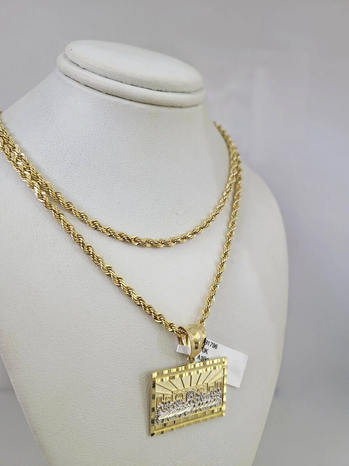 REAL 10k Solid Rope Chain Last Supper Charm Pendant 3mm Necklace Set 18"-26" in - Image 3