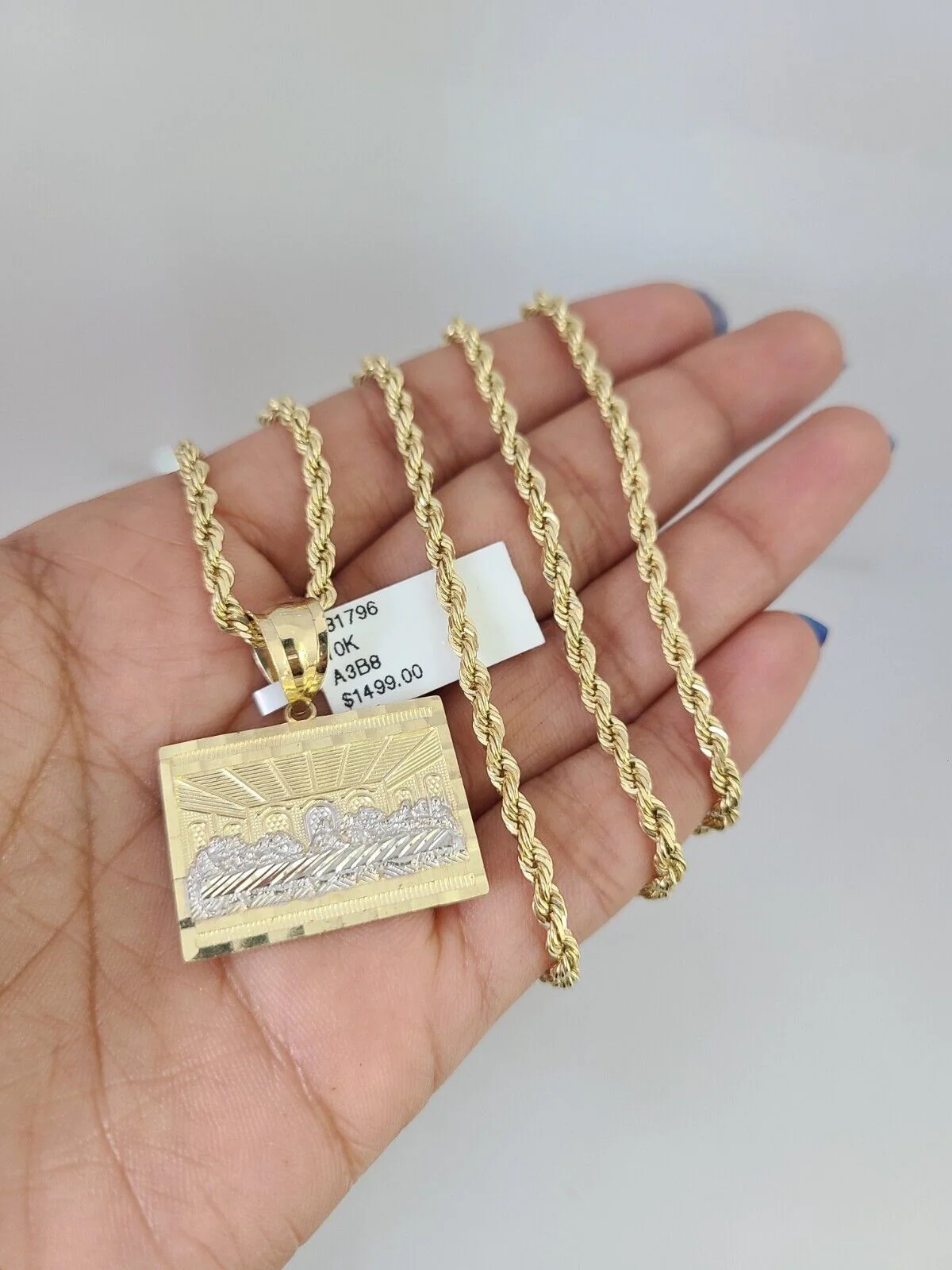 REAL 10k Solid Rope Chain Last Supper Charm Pendant 3mm Necklace Set 18"-26" in - Image 5
