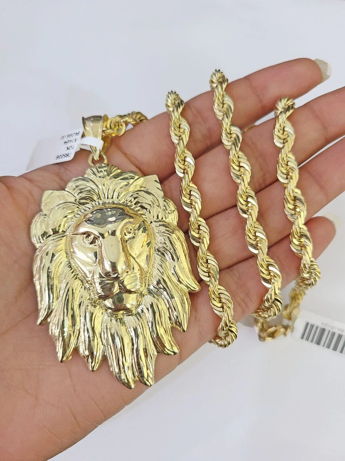 Real 10k Solid Rope Chain Lion Charm Set 6mm 20"-30" Inch Necklace Yellow Gold - Image 2
