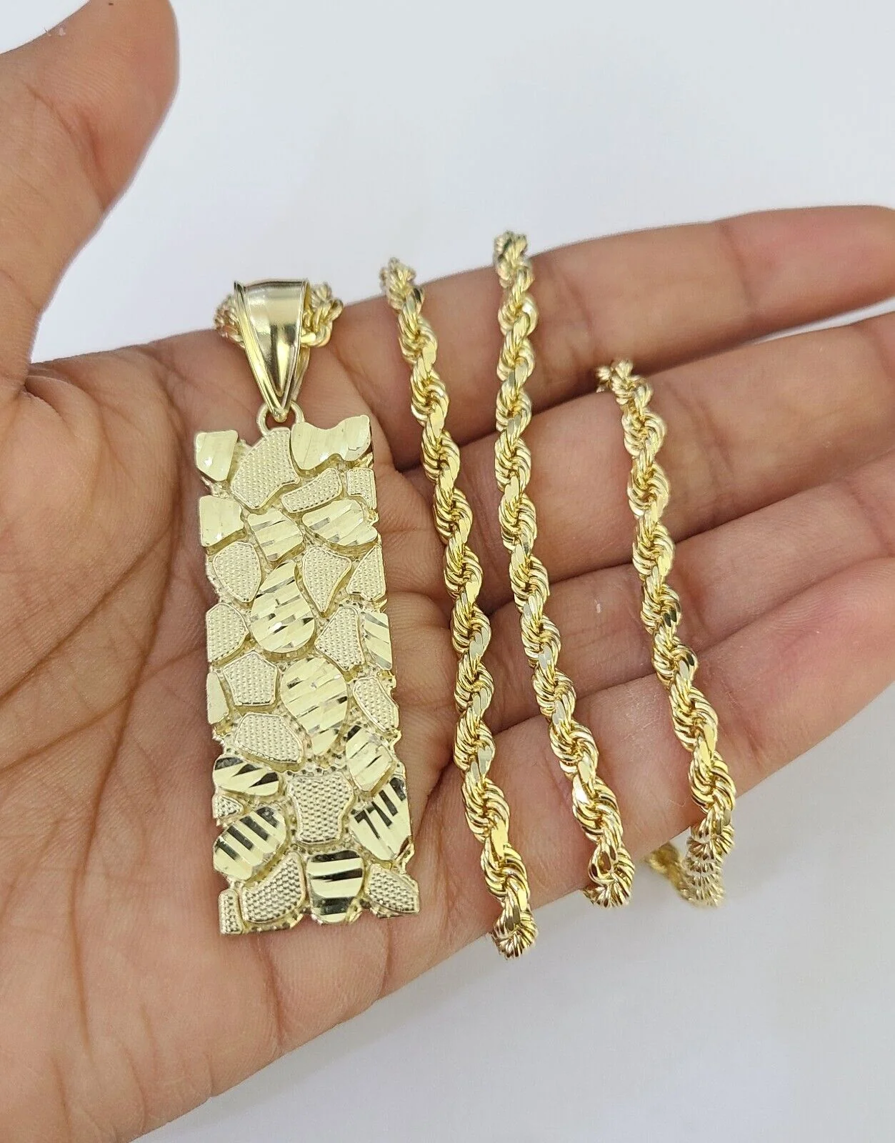 Real 10k Solid Rope Chain Nugget Charm Set 4mm 18"-30" Inch Necklace Yellow Gold - Image 4