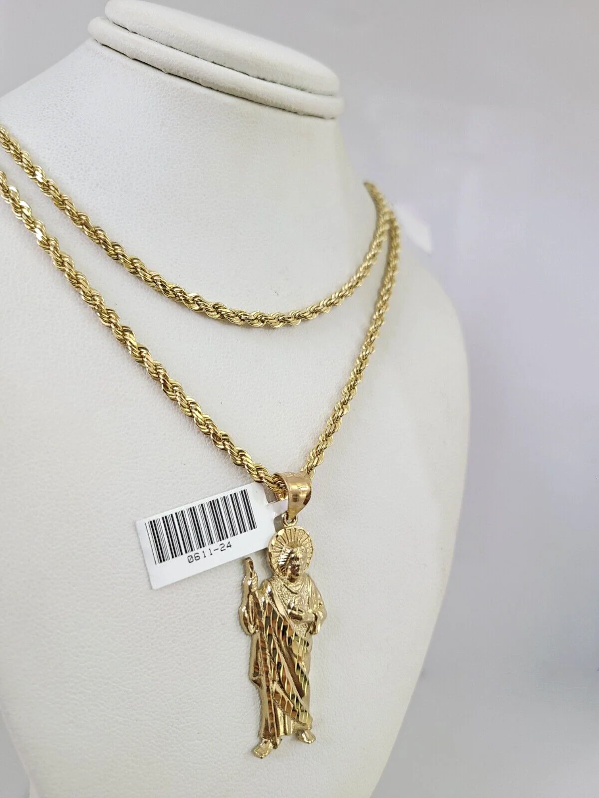 REAL 10k Solid Rope Chain Saint Jude Charm Pendant 3mm Set 18"-26" in Necklace - Image 3