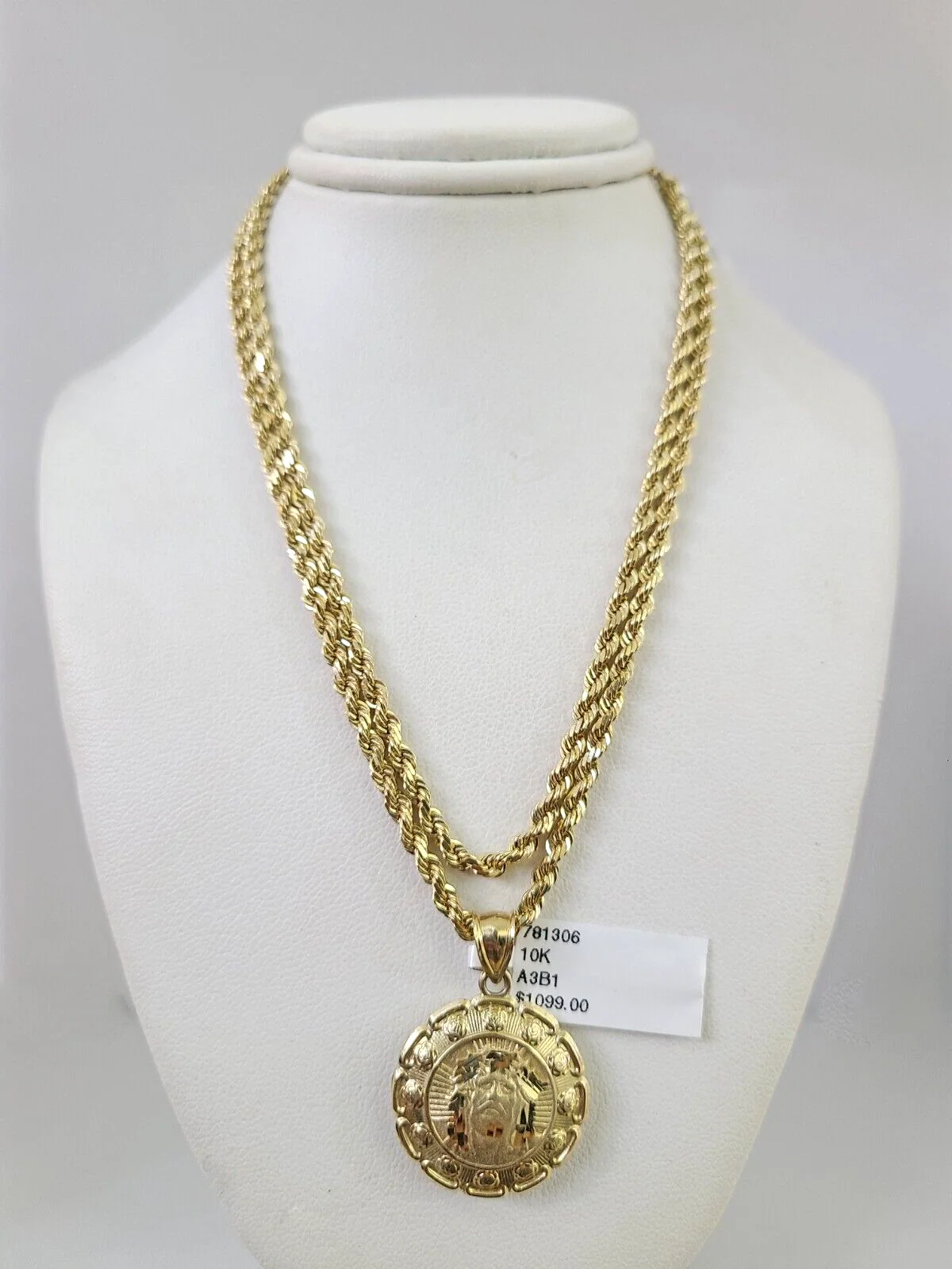 REAL 10k Solid Rope Chain Virgin Mary Jesus Charm Pendant 3mm Set 18"-26" in