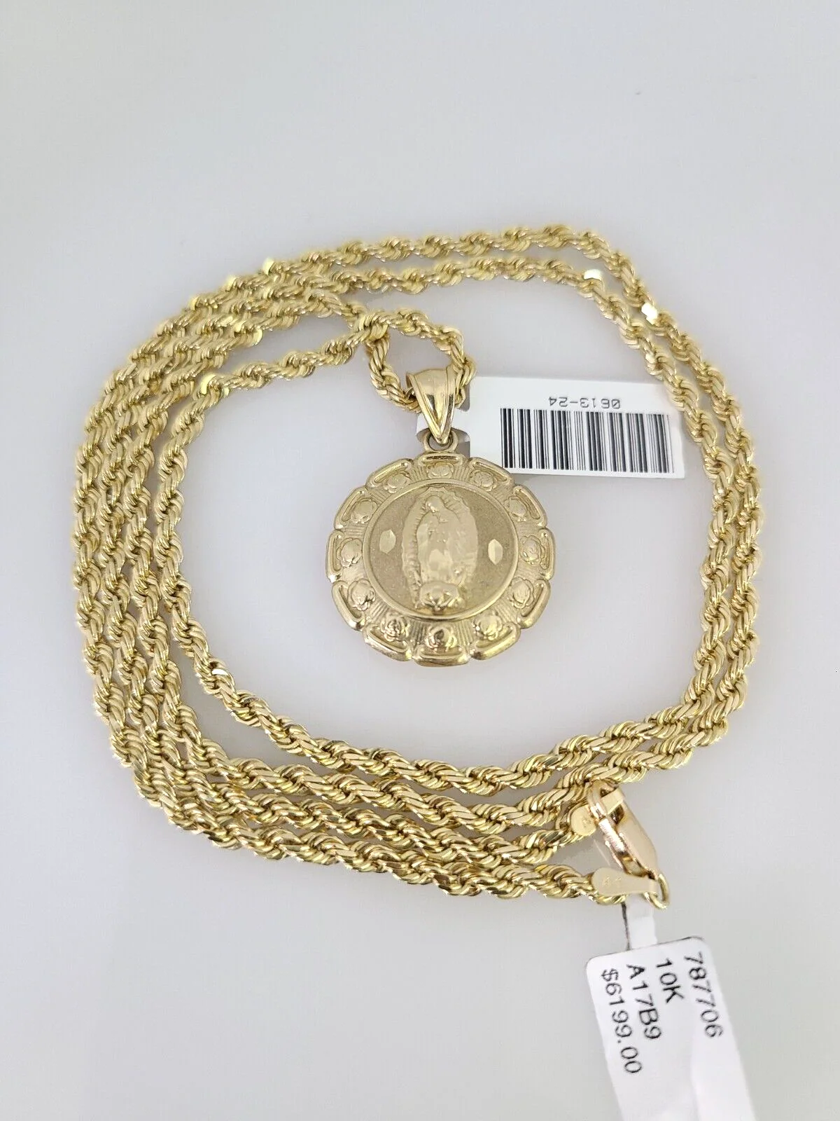 REAL 10k Solid Rope Chain Virgin Mary Jesus Charm Pendant 3mm Set 18"-26" in - Image 6