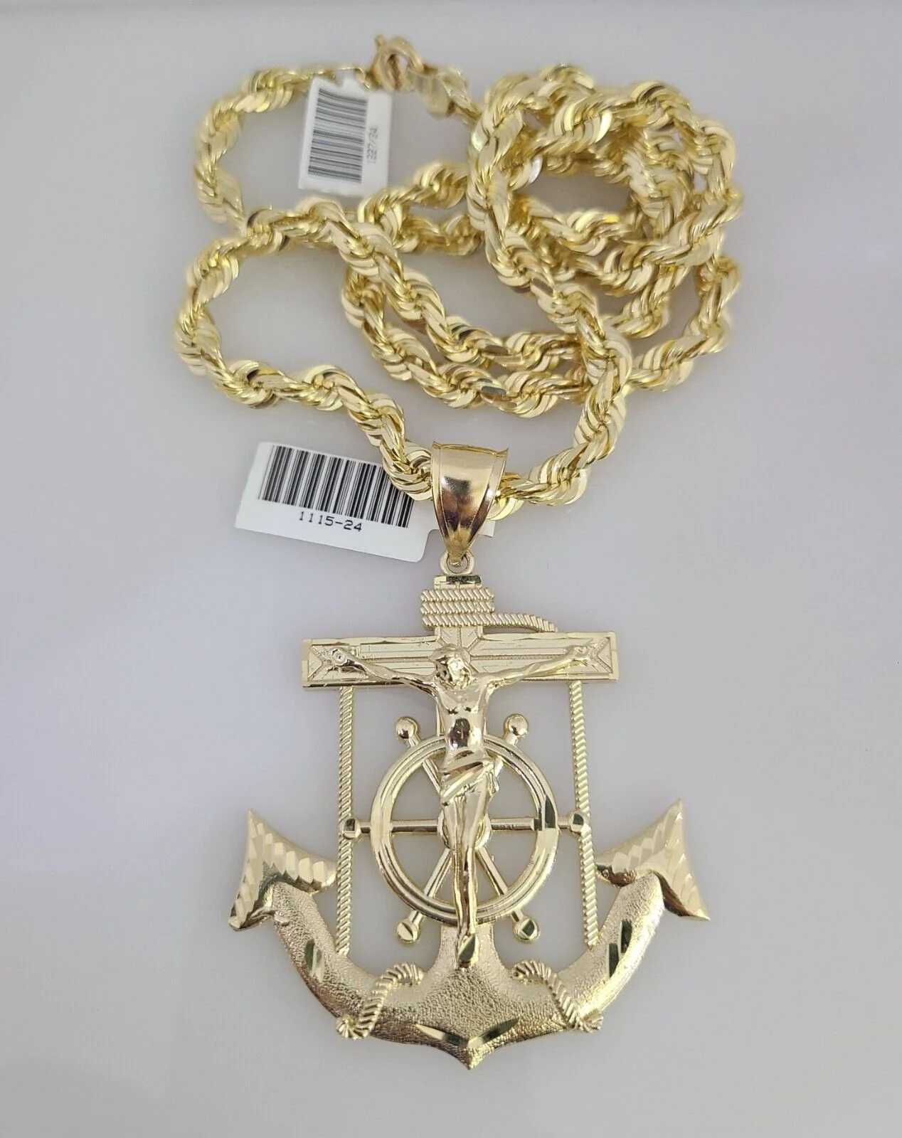 REAL 10k Solid Rope Necklace 6mm Jesus Anchor Pendant SET Chain 20"-30'' Gold - Image 4