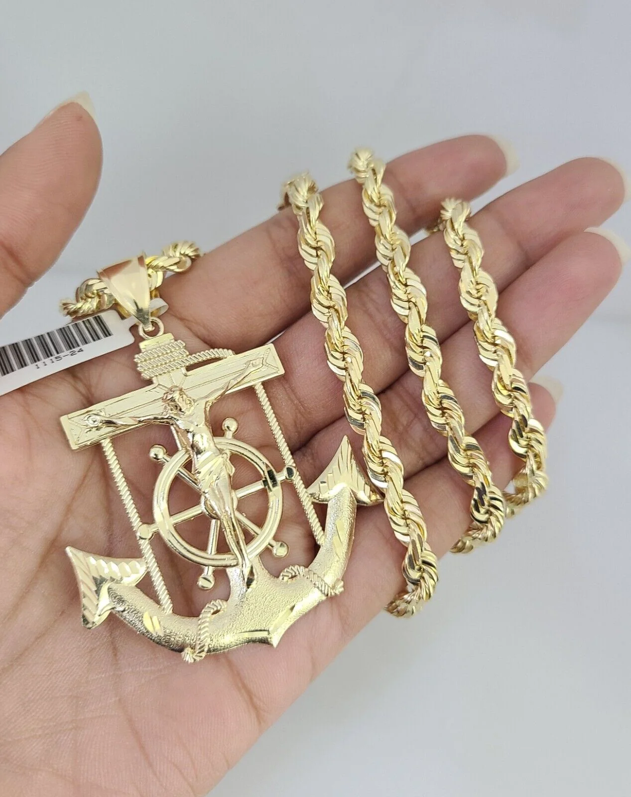 REAL 10k Solid Rope Necklace 6mm Jesus Anchor Pendant SET Chain 20"-30'' Gold - Image 9
