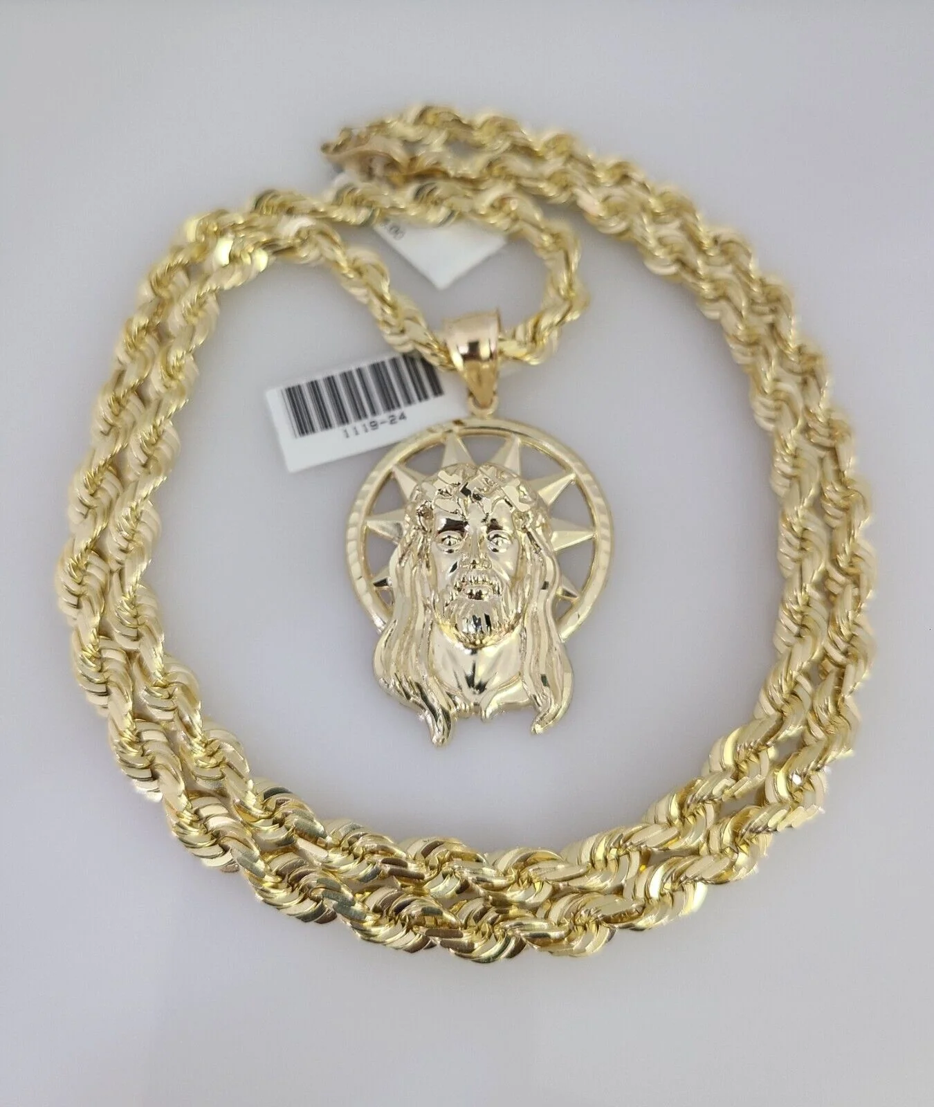 REAL 10k Solid Rope Necklace 6mm Jesus Head Pendant SET Chain 20"-30'' Gold
