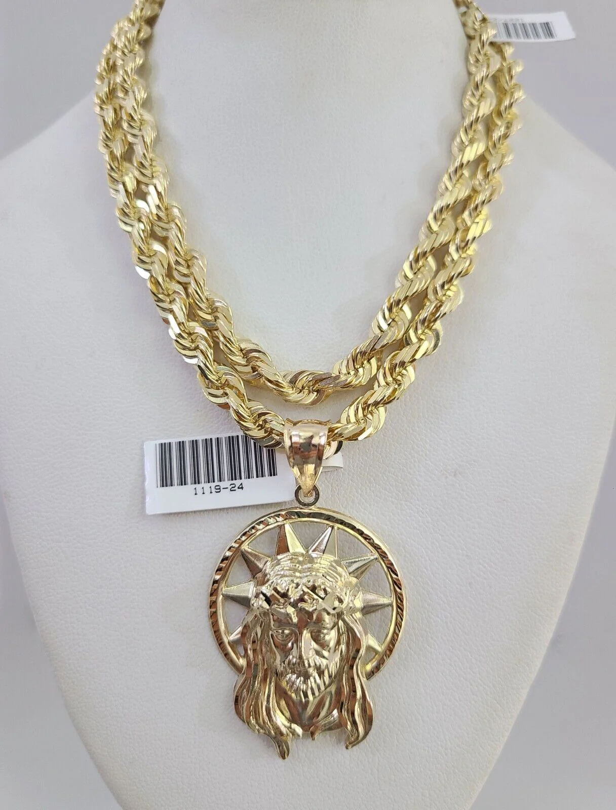 REAL 10k Solid Rope Necklace 6mm Jesus Head Pendant SET Chain 20"-30'' Gold - Image 12