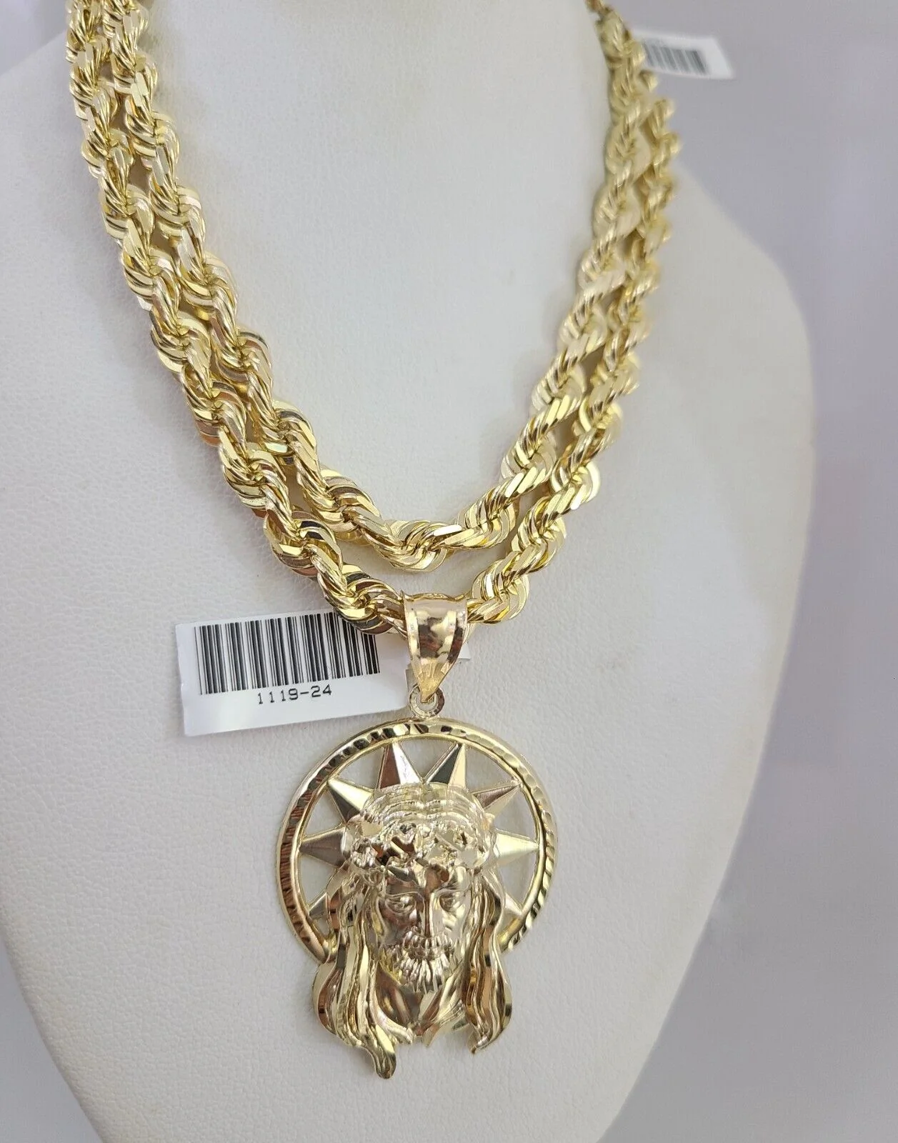 REAL 10k Solid Rope Necklace 6mm Jesus Head Pendant SET Chain 20"-30'' Gold - Image 6