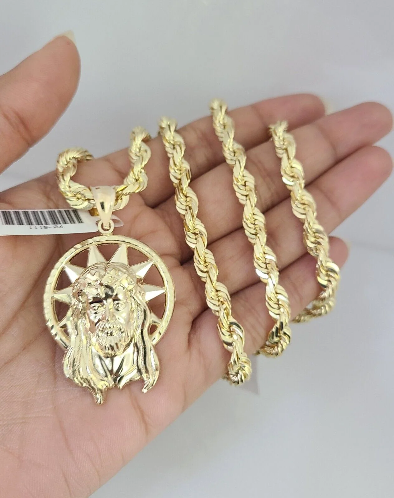 REAL 10k Solid Rope Necklace 6mm Jesus Head Pendant SET Chain 20"-30'' Gold - Image 8