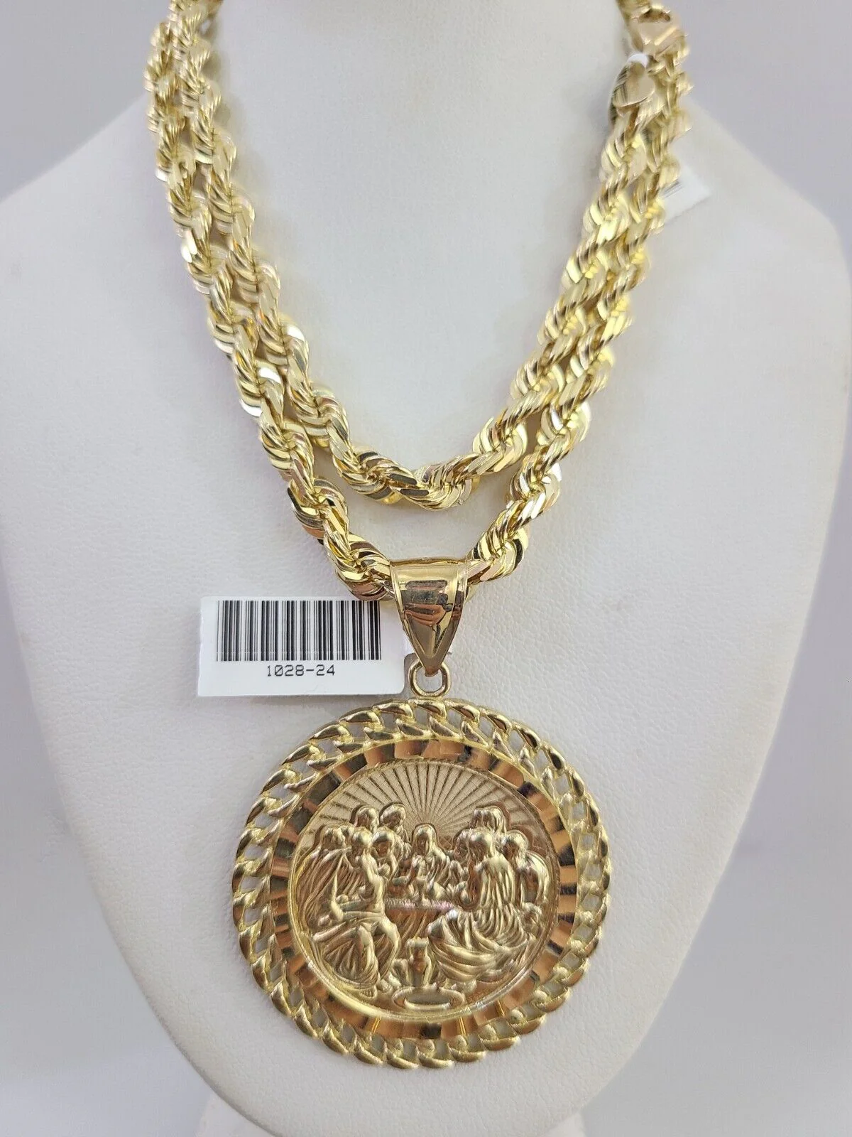 REAL 10k Solid Rope Necklace 6mm Last Supper Pendant SET Chain 20"-30'' Gold - Image 10