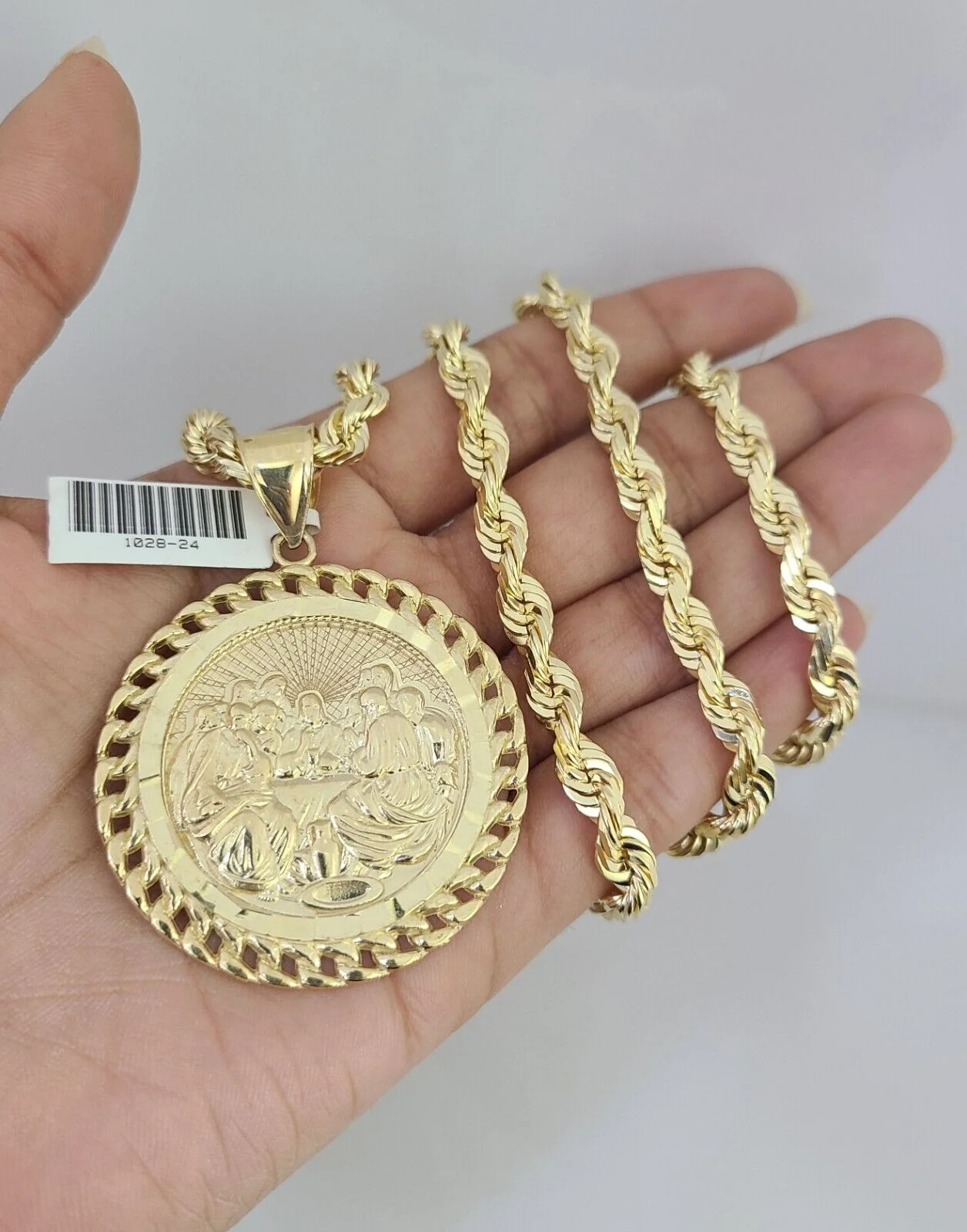 REAL 10k Solid Rope Necklace 6mm Last Supper Pendant SET Chain 20"-30'' Gold - Image 6