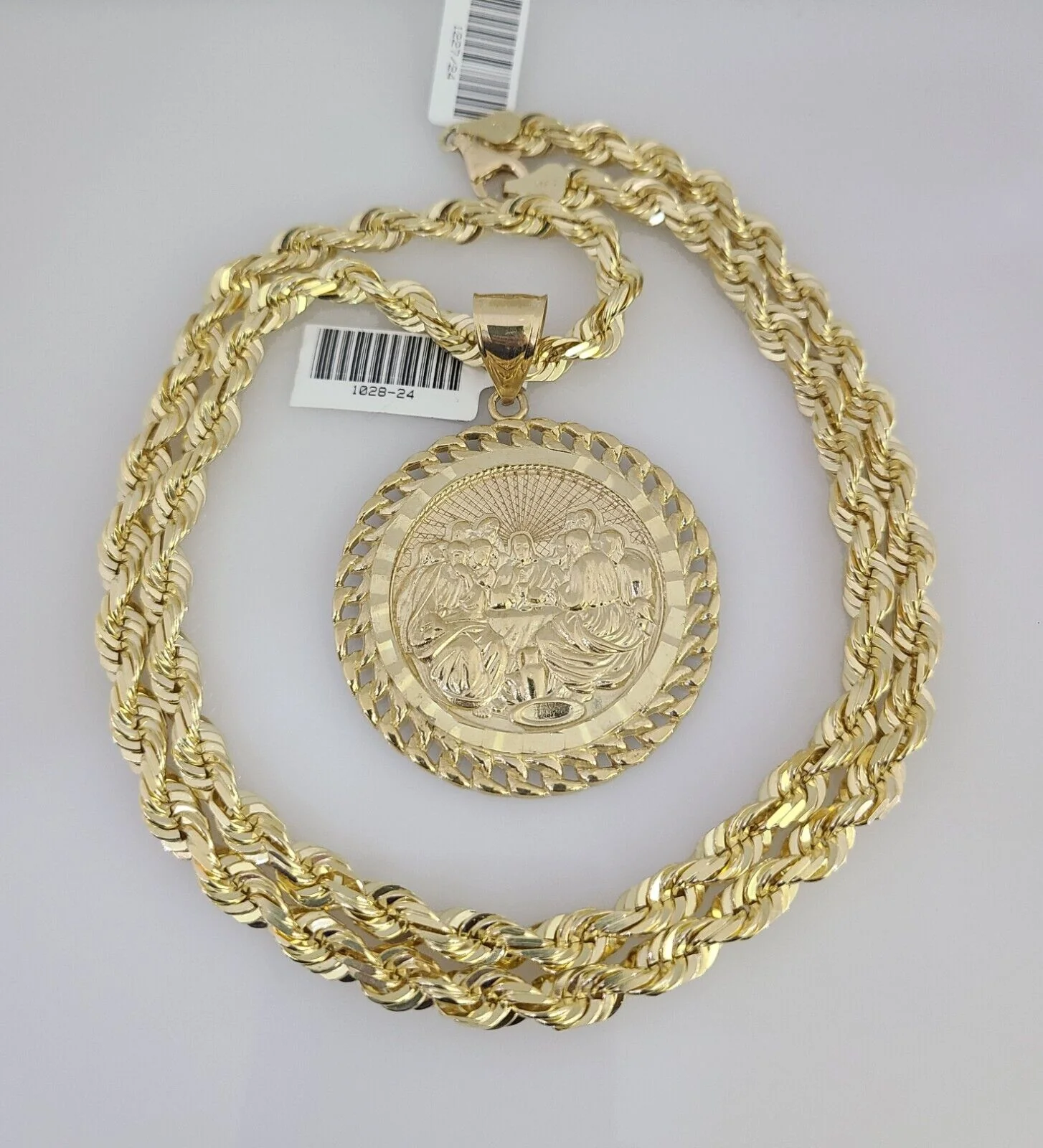 REAL 10k Solid Rope Necklace 6mm Last Supper Pendant SET Chain 20"-30'' Gold - Image 7