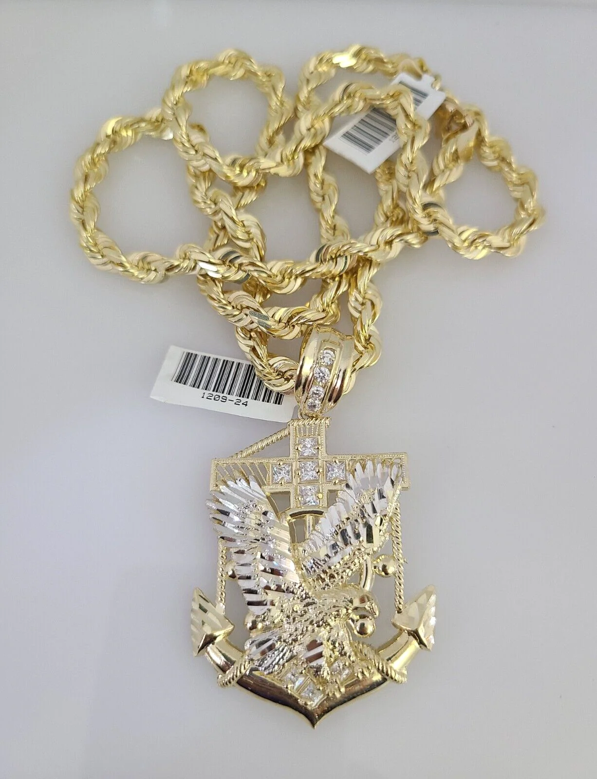 REAL 10k Solid Rope Necklace Eagle Anchor Pendant SET Chain 20"-30'' 6mm Gold
