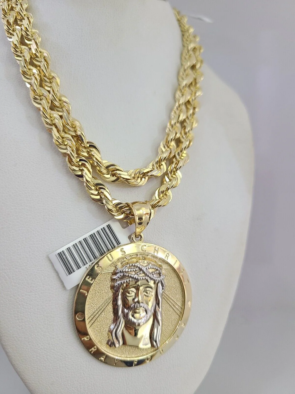 REAL 10k Solid Rope Necklace Jesus Christ Pendant SET Chain 20"-30'' 6mm Gold - Image 9