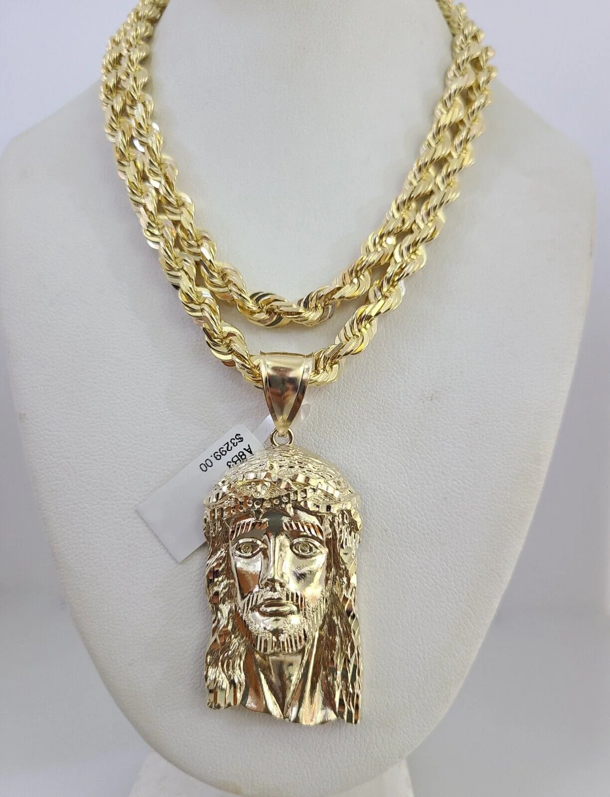 REAL 10k Solid Rope Necklace Jesus Head Pendant SET Chain 20"-30'' 6mm Gold