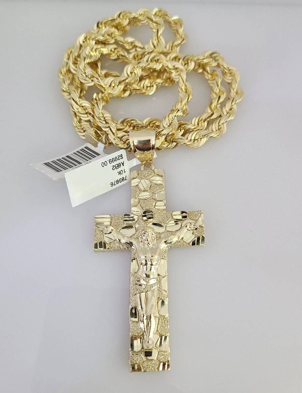 REAL 10k Solid Rope Necklace Nugget Cross Pendant SET Chain 20"-30'' 6mm Gold - Image 4