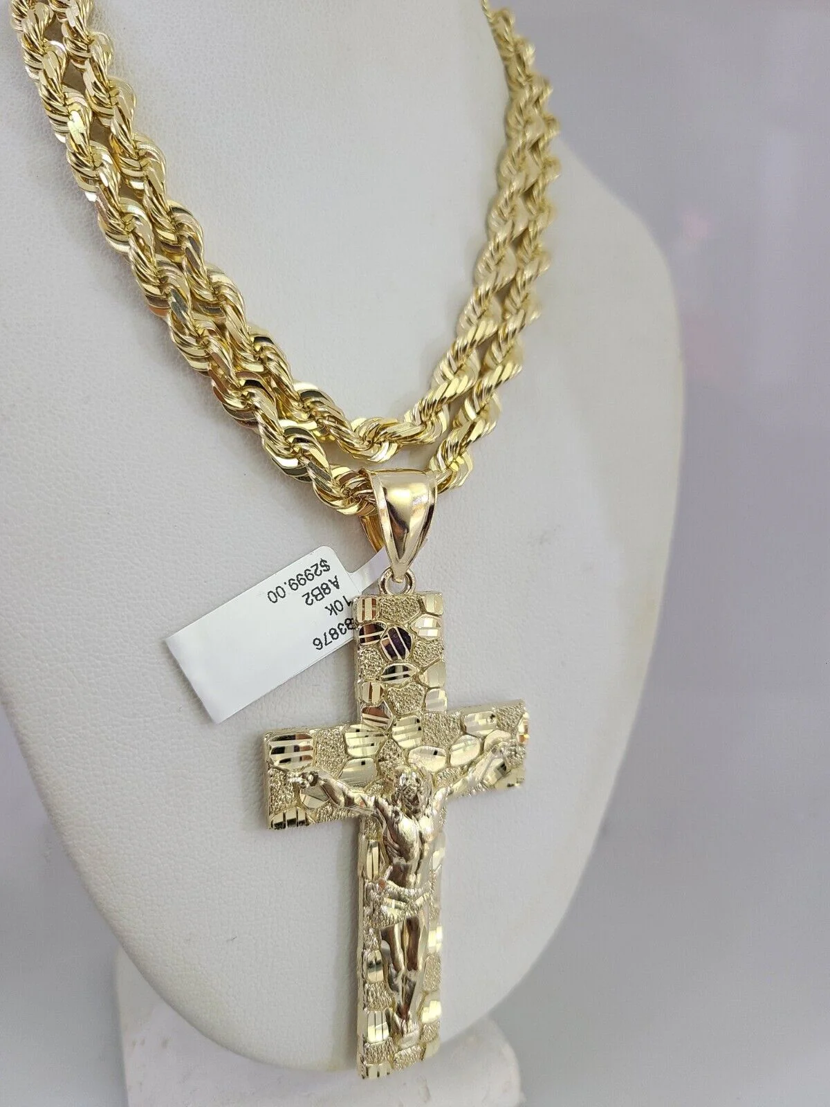 REAL 10k Solid Rope Necklace Nugget Cross Pendant SET Chain 20"-30'' 6mm Gold - Image 6