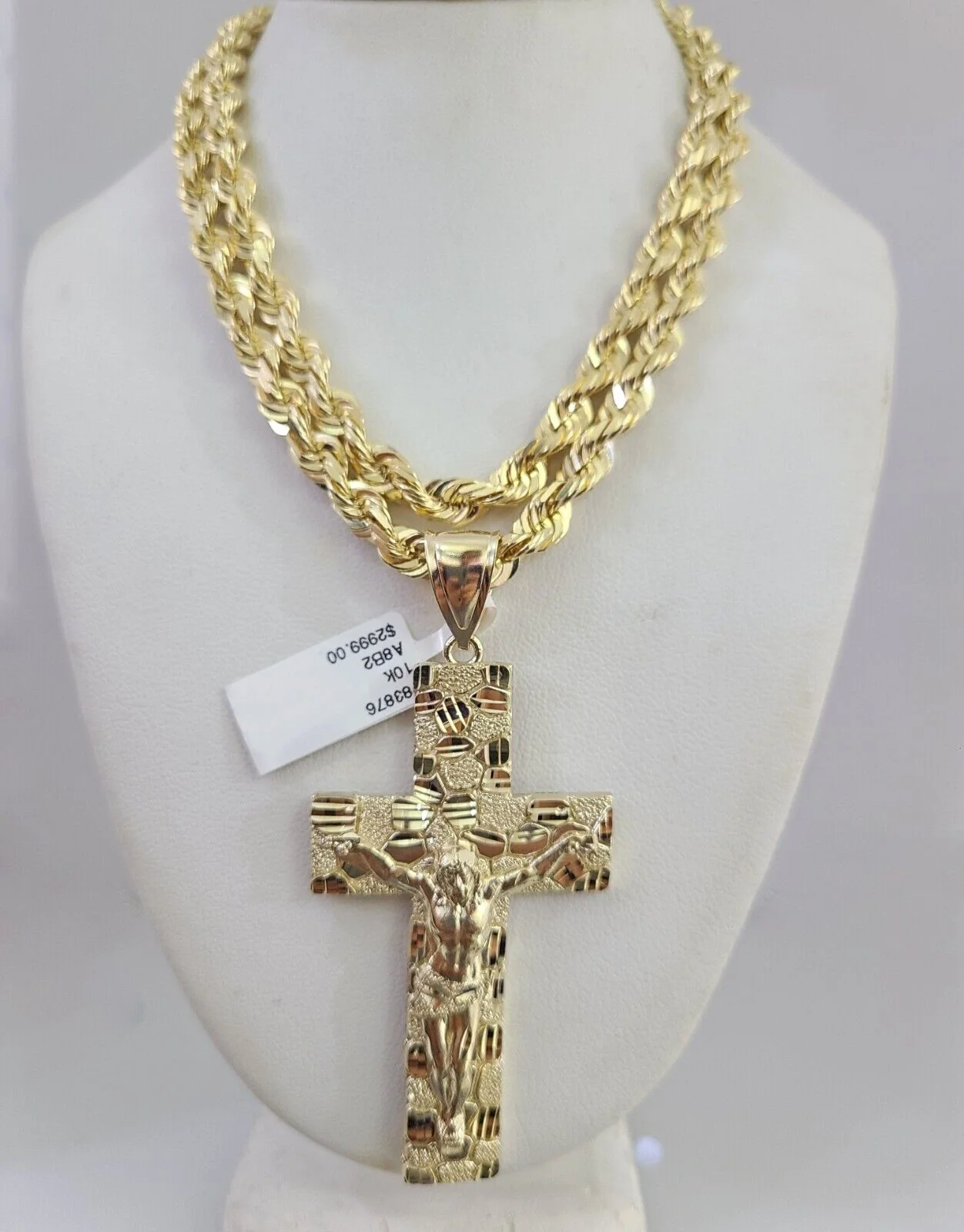 REAL 10k Solid Rope Necklace Nugget Cross Pendant SET Chain 20"-30'' 6mm Gold - Image 8