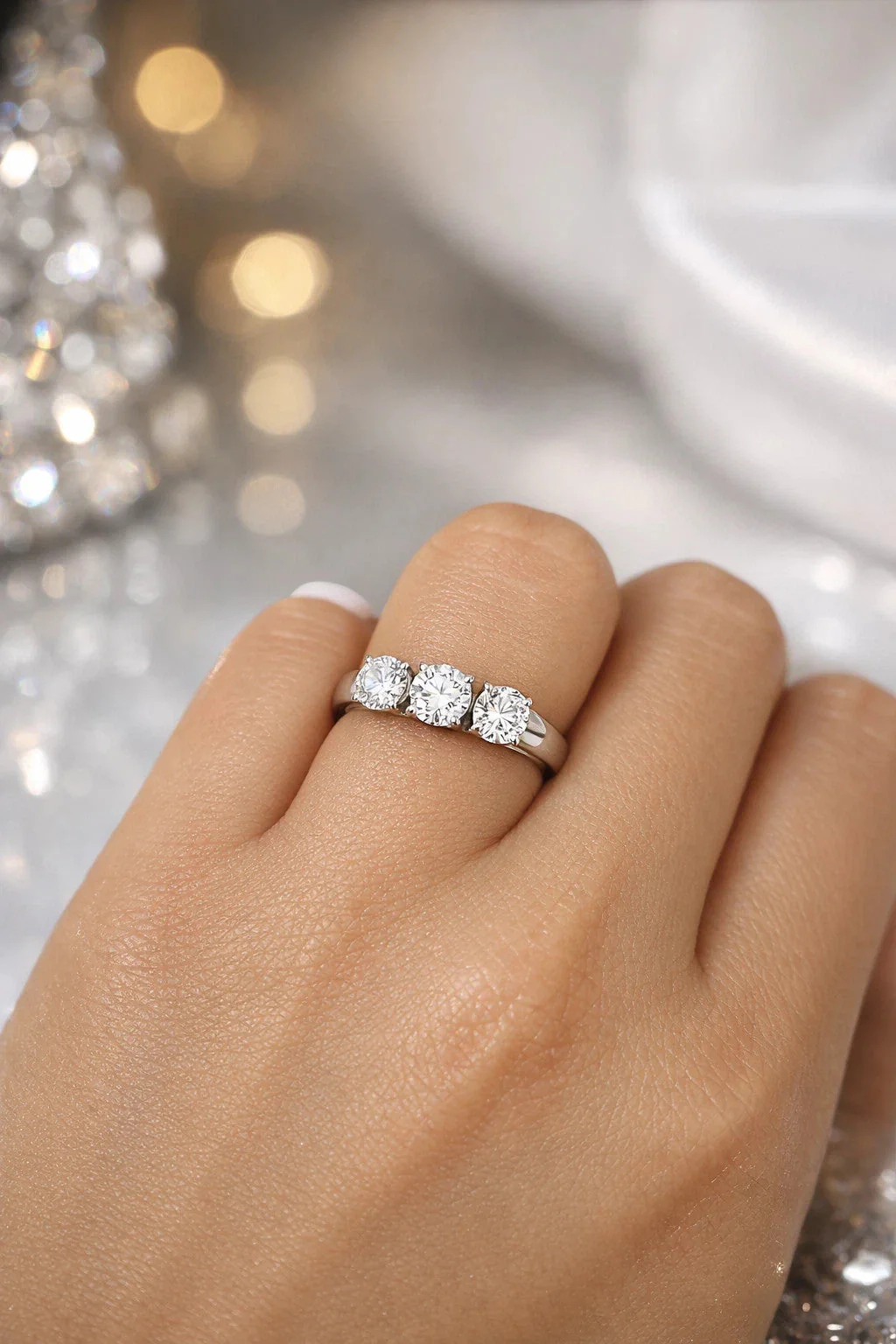 REAL 10k White Gold Diamond Ring Lab Created 3 Stone Wedding Band Women - Image 4