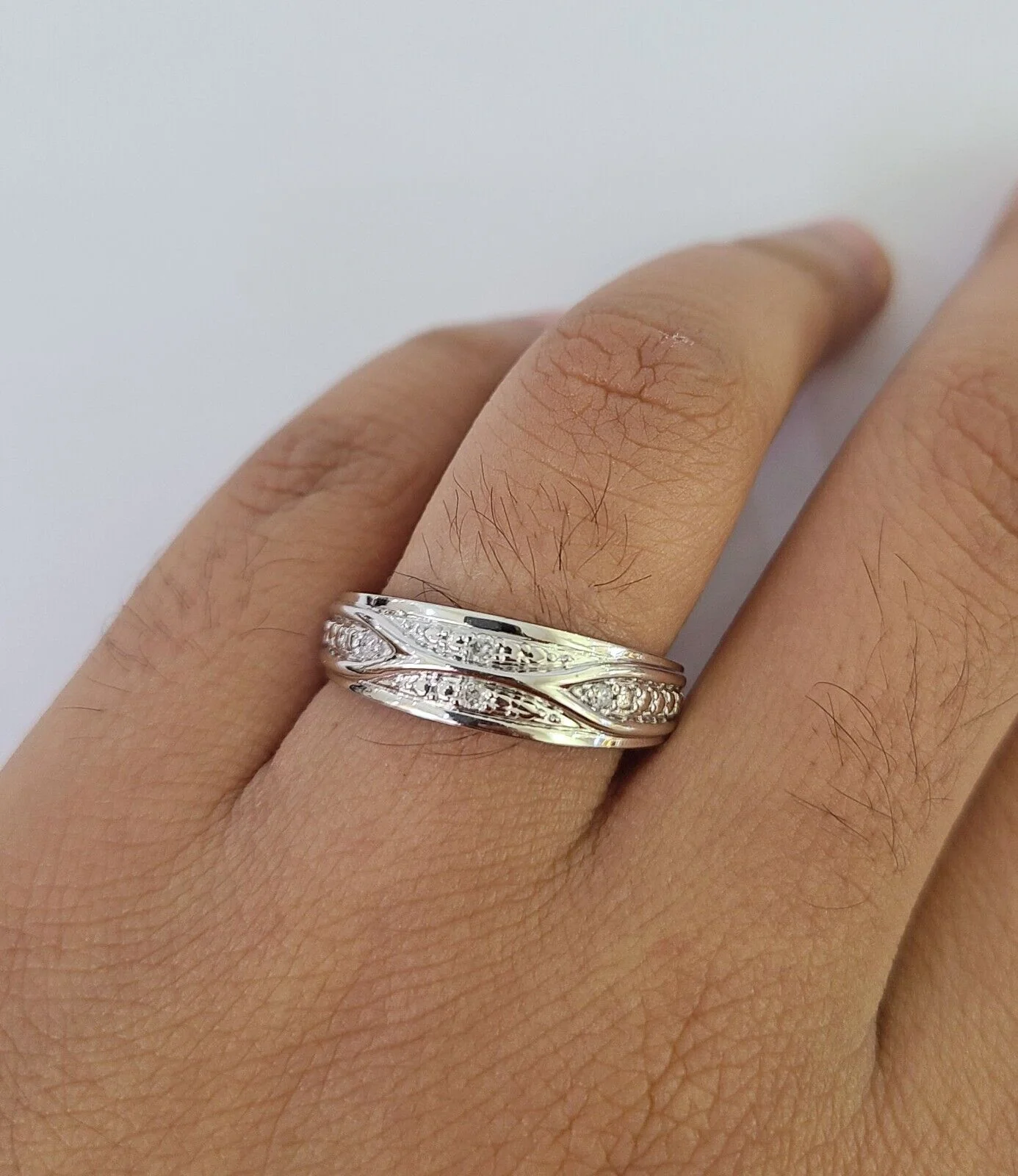 REAL 10k White Gold Diamond Ring Ladies Men Trio SET Wedding Engagement Genuine - Image 10