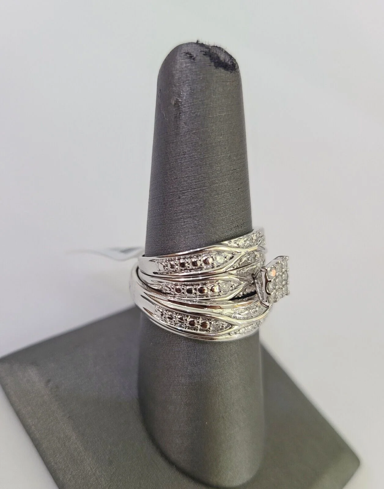 REAL 10k White Gold Diamond Ring Ladies Men Trio SET Wedding Engagement Genuine - Image 3