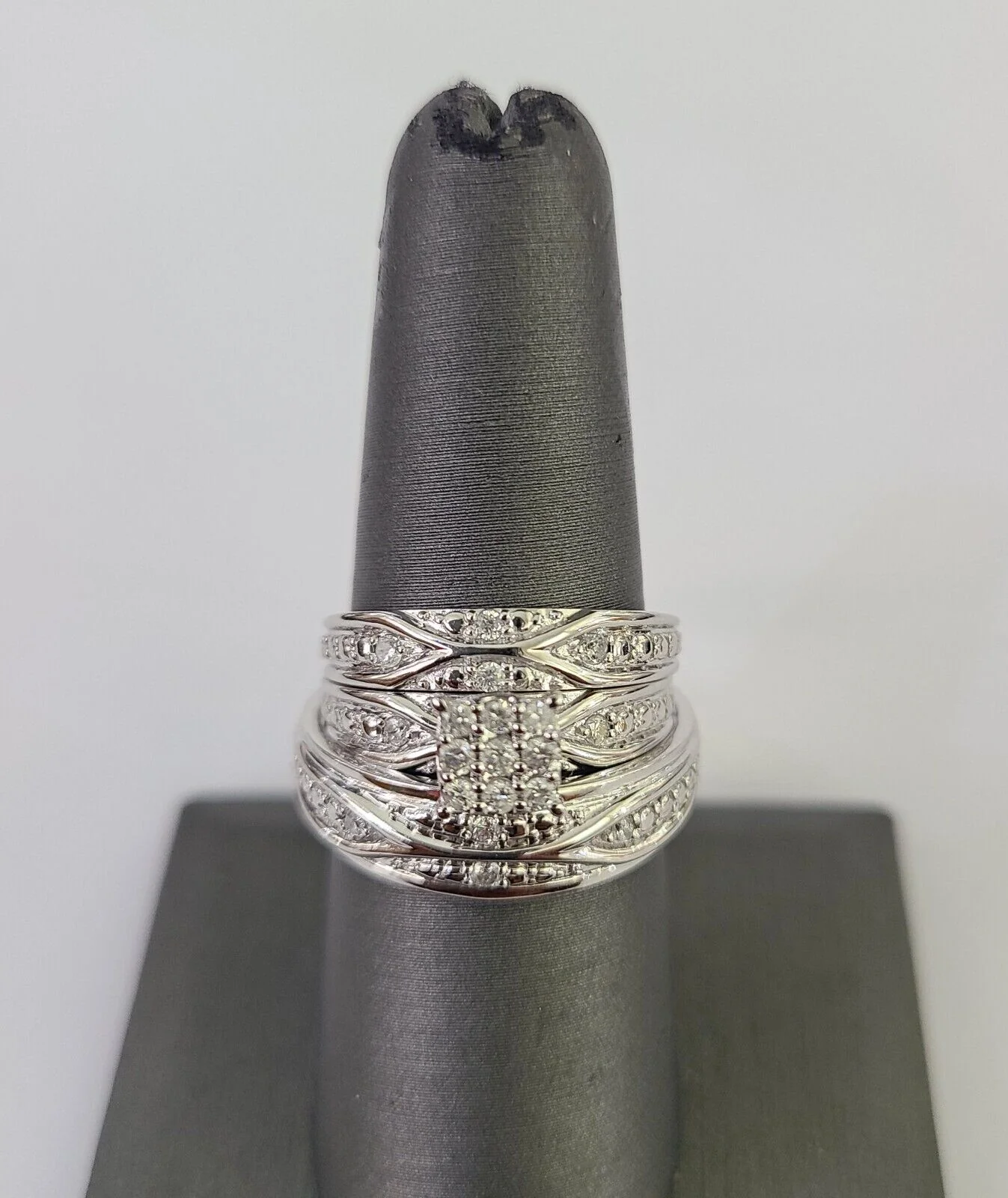 REAL 10k White Gold Diamond Ring Ladies Men Trio SET Wedding Engagement Genuine - Image 4