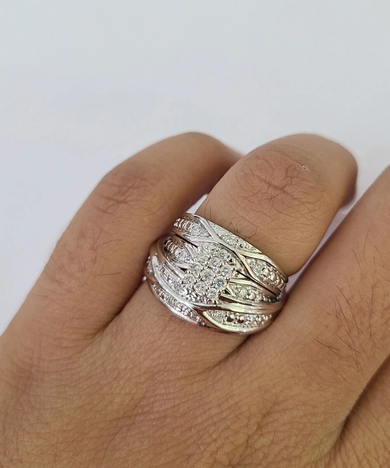 REAL 10k White Gold Diamond Ring Ladies Men Trio SET Wedding Engagement Genuine - Image 5