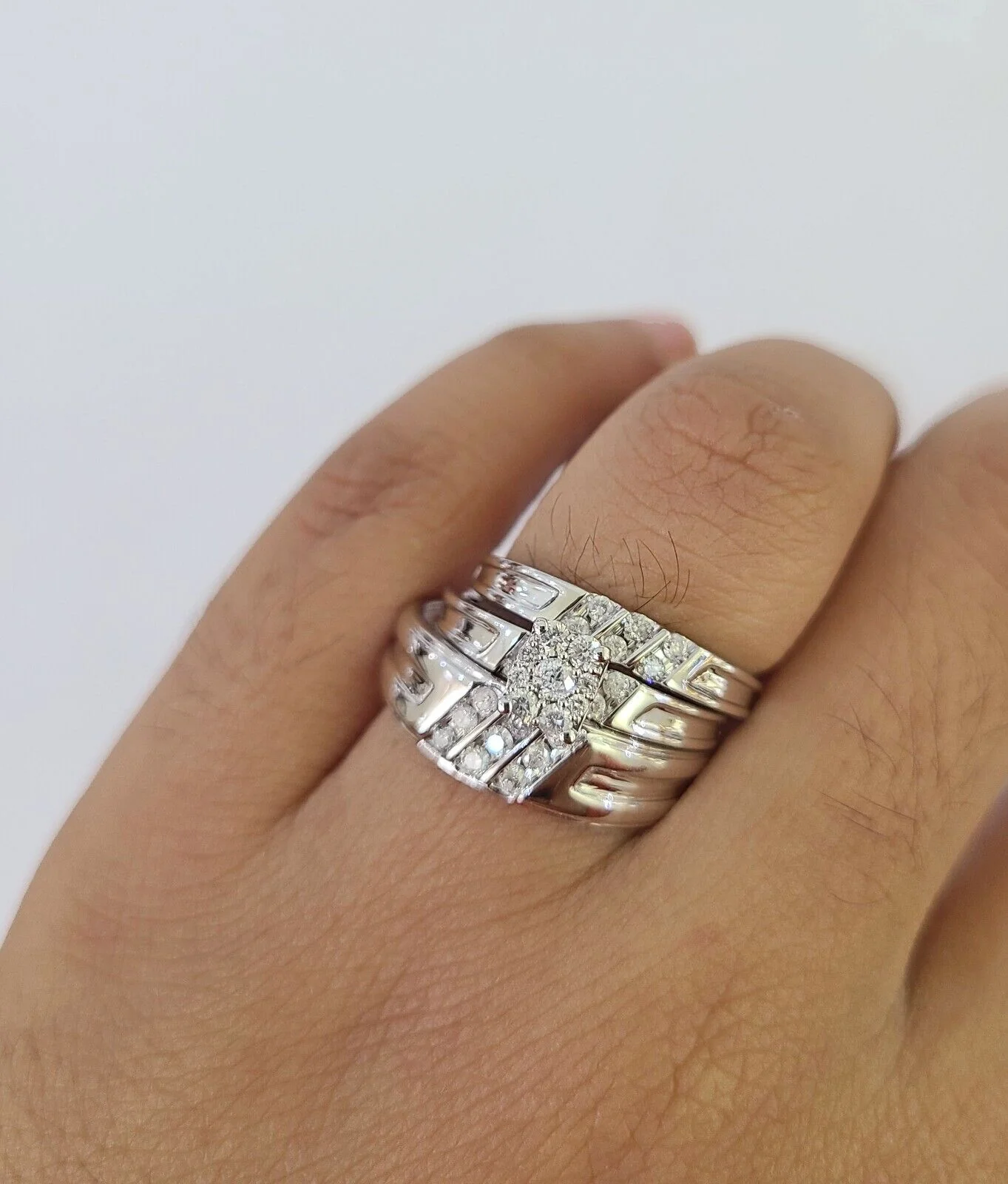 REAL 10k White Gold Diamond Ring Ladies Men Trio SET Wedding Engagement Genuine - Image 10