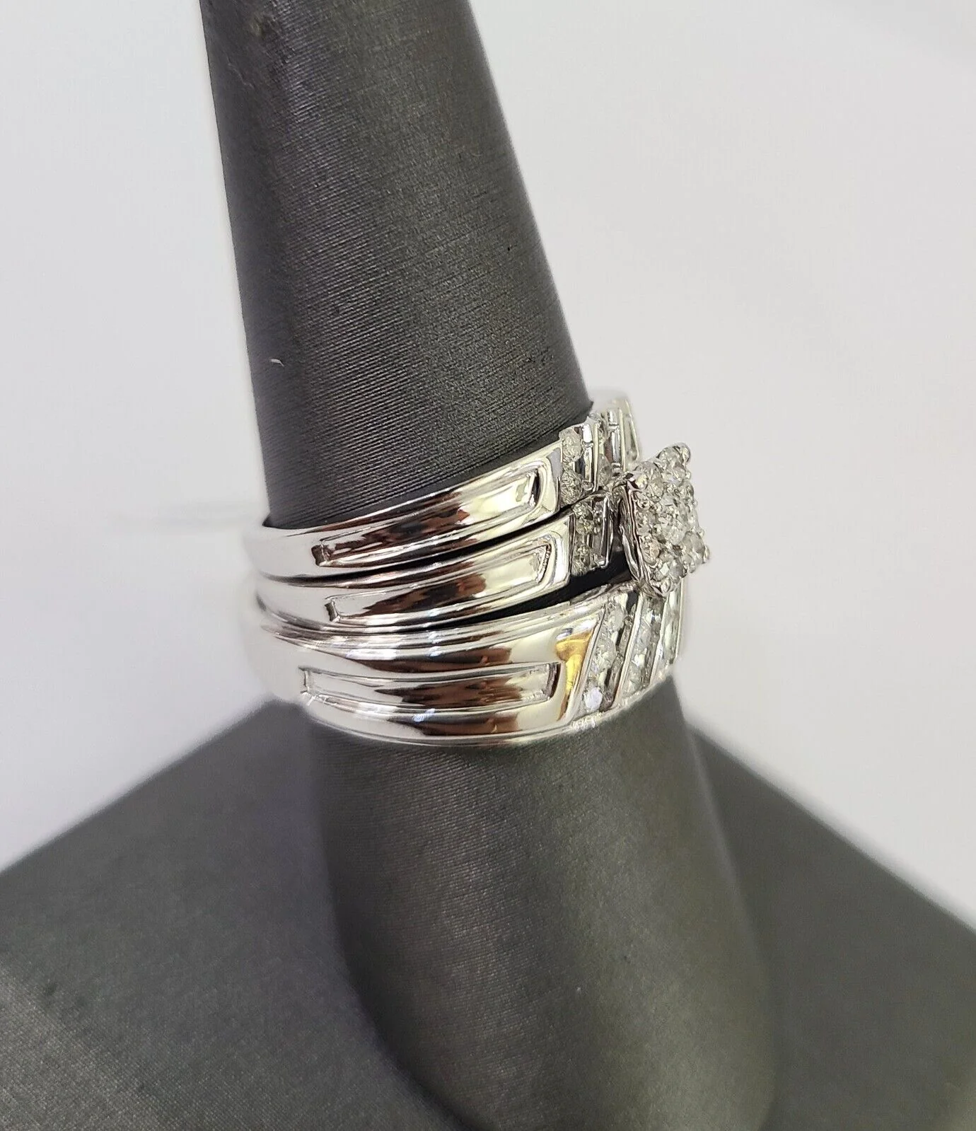 REAL 10k White Gold Diamond Ring Ladies Men Trio SET Wedding Engagement Genuine - Image 11