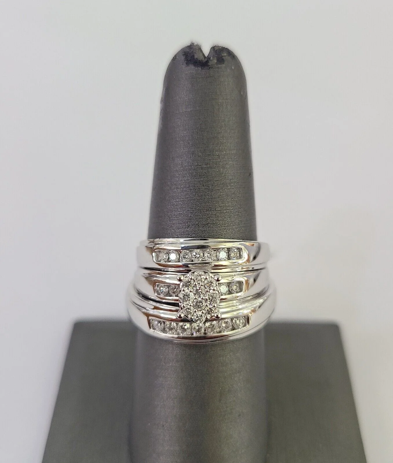 REAL 10k White Gold Diamond Ring Ladies Men Trio SET Wedding Engagement Genuine - Image 10