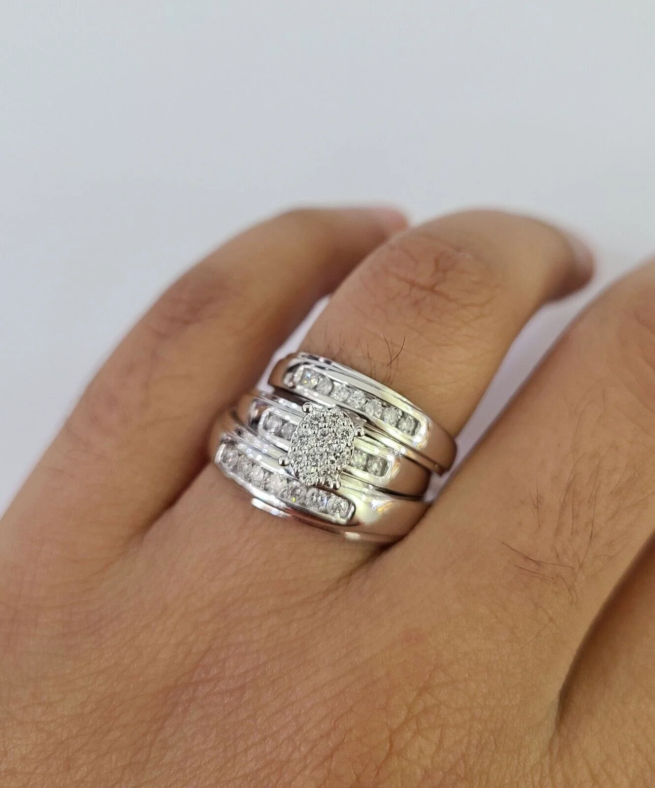 REAL 10k White Gold Diamond Ring Ladies Men Trio SET Wedding Engagement Genuine - Image 6