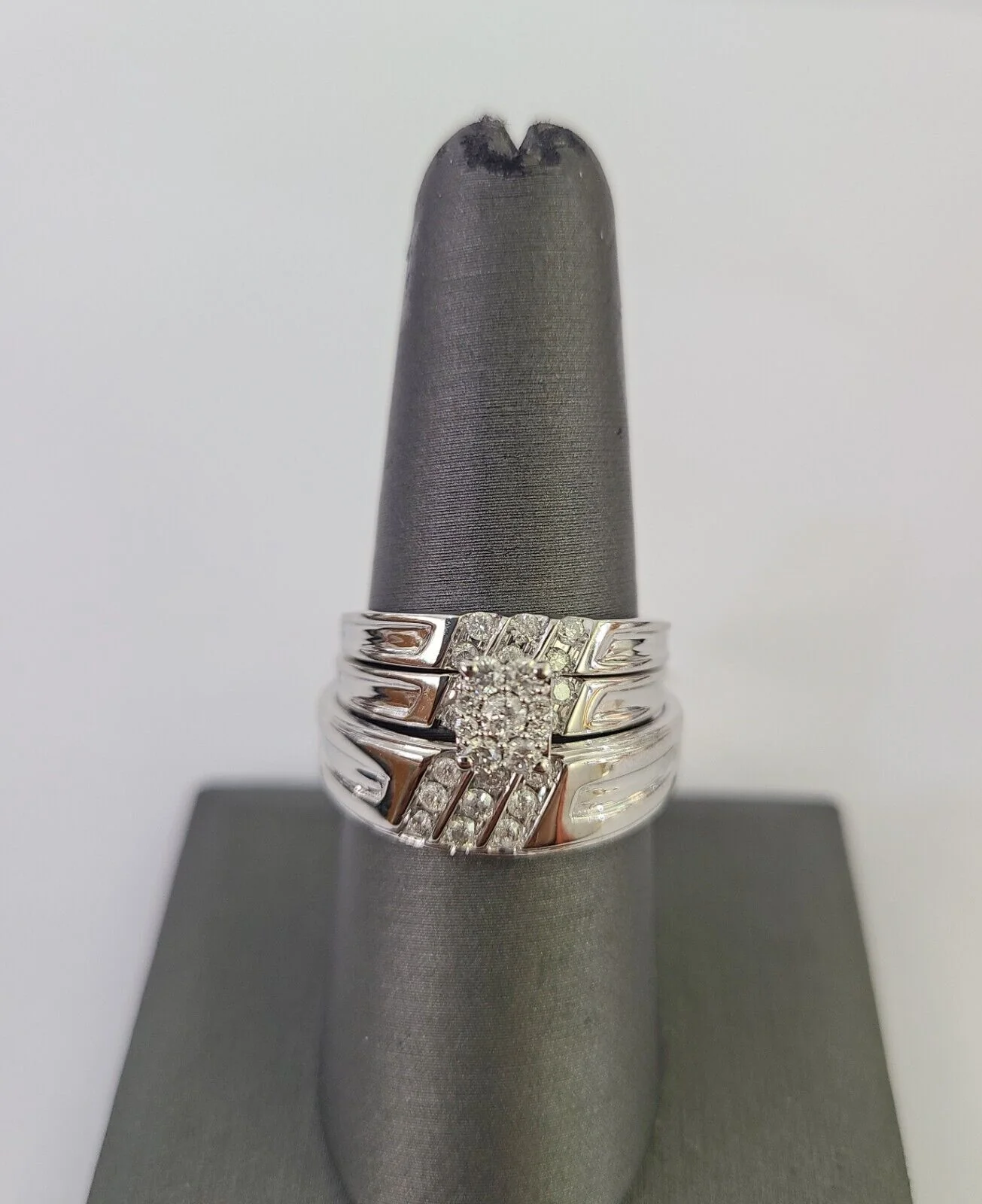 REAL 10k White Gold Diamond Ring Ladies Men Trio SET Wedding Engagement Genuine - Image 2