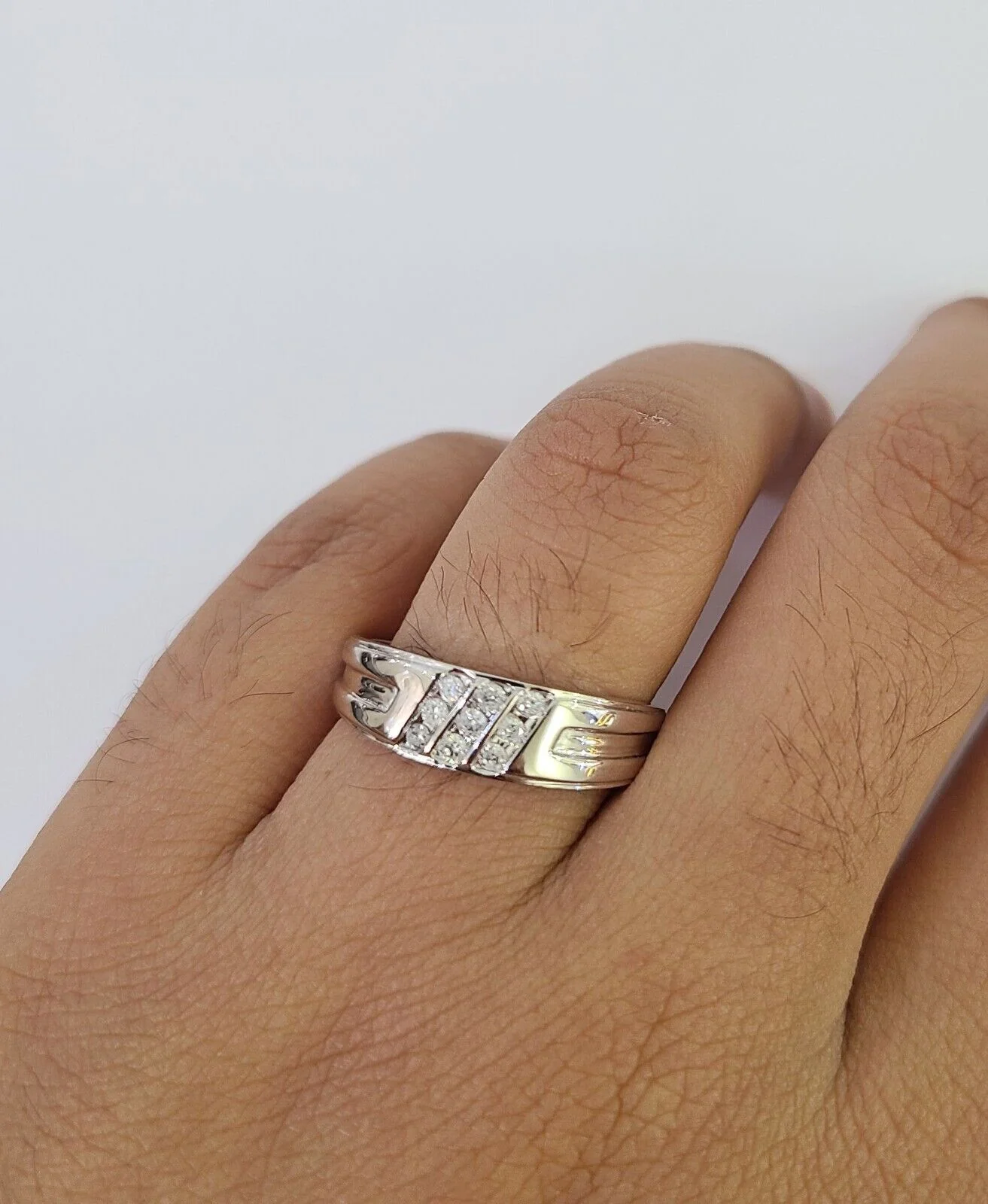 REAL 10k White Gold Diamond Ring Ladies Men Trio SET Wedding Engagement Genuine - Image 6