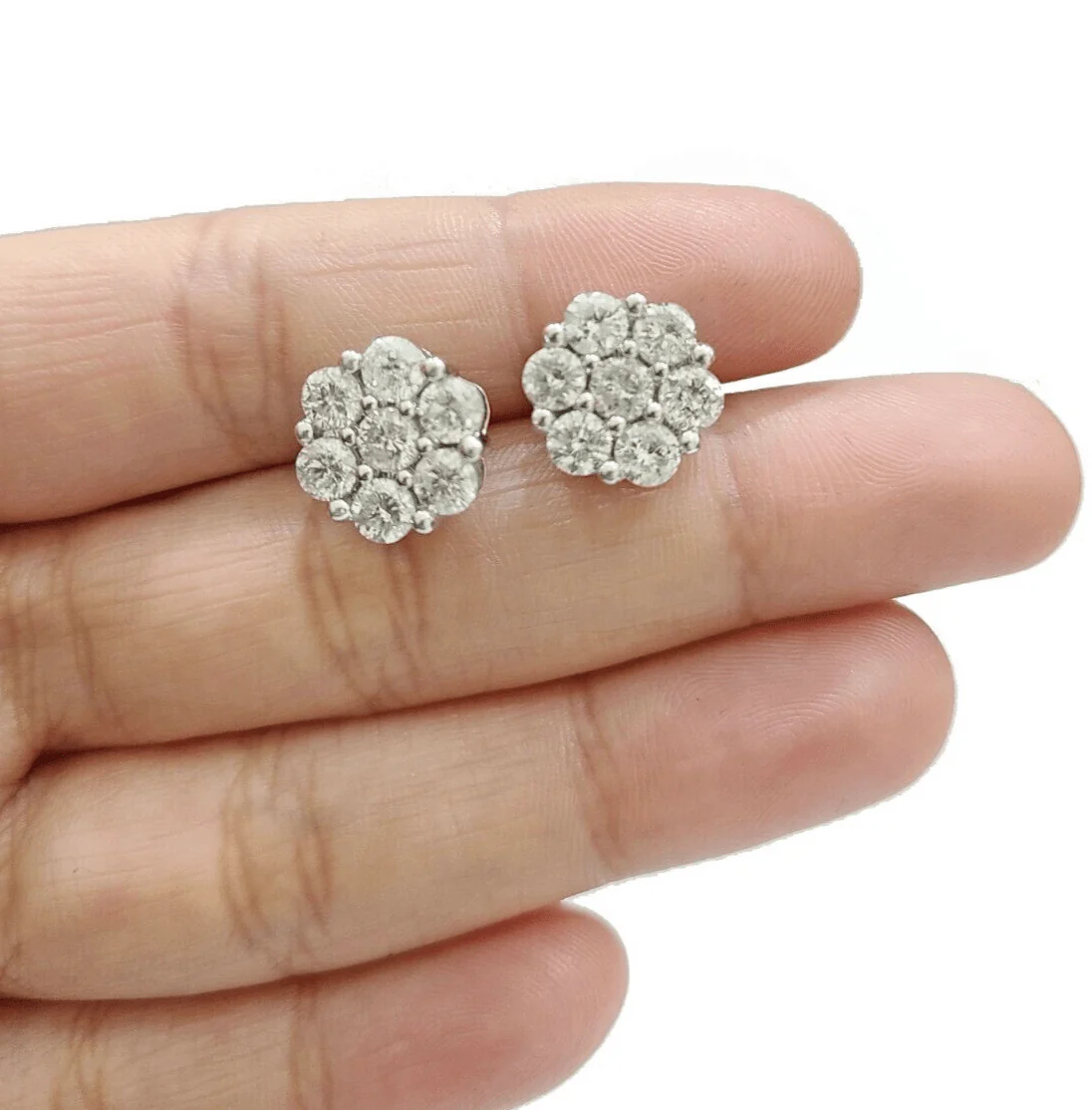 Real 10k White Gold Earring Stud Diamond 3.39CT Round Design Unisex Screw Back - Image 2