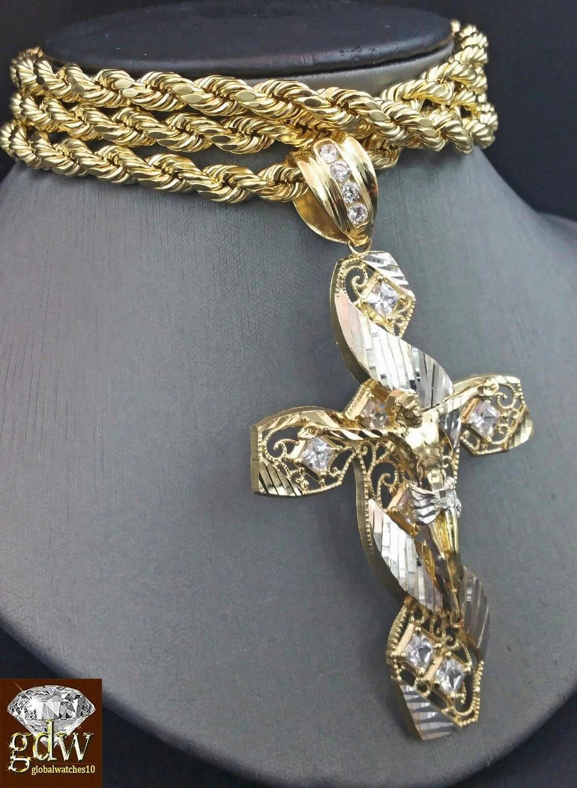 Real 10K Yellow Gold 28" Inch Rope Chain with Jesus Cross Charm Pendant  Men - Image 2