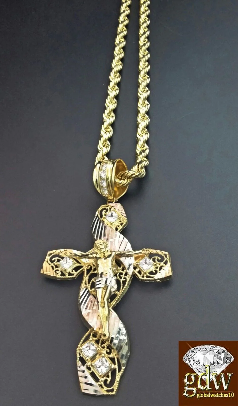 Real 10K Yellow Gold 28" Inch Rope Chain with Jesus Cross Charm Pendant  Men - Image 3